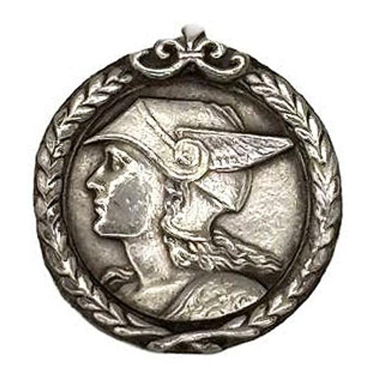 Mid-20th Century French Pewter Art Deco Medallion Struck with the Face of Mercury Pedant Pin For Sale