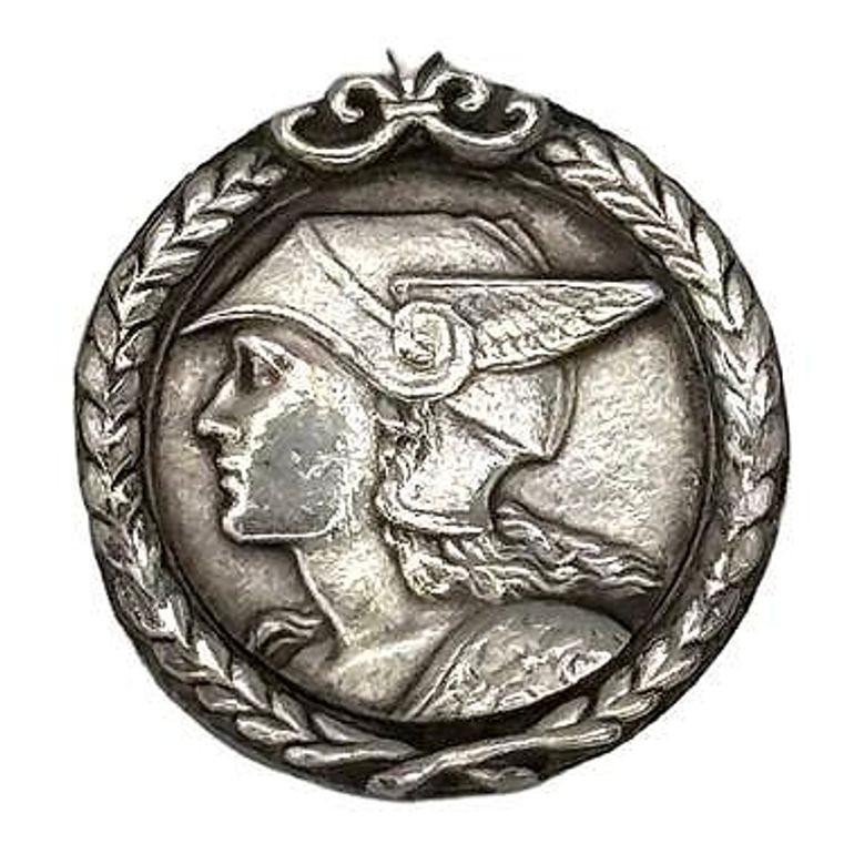 French Pewter Art Deco Medallion Struck with the Face of Mercury Pedant Pin For Sale 1