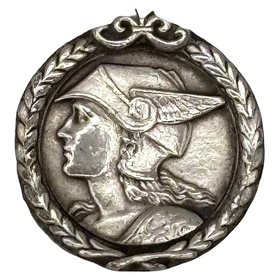 French Pewter Art Deco Medallion Struck with the Face of Mercury Pedant Pin For Sale