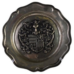 Vintage French Pewter Crest Armorial Wall Plate