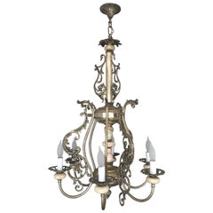 Antique French Pewter and Onyx 6-Arm Chandelier