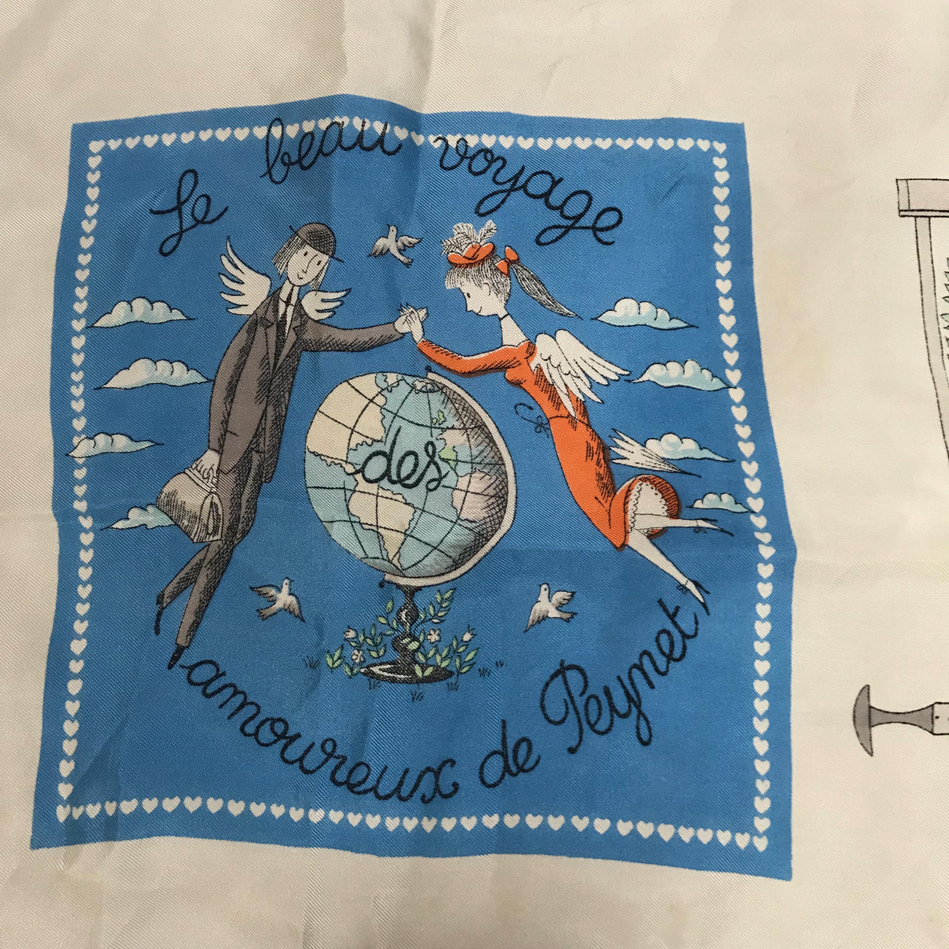 Écharpe française Peynet en soie bleue et blanche « Le Beau Voyage des Amoureux de Peynet » Bon état à Antwerp, BE