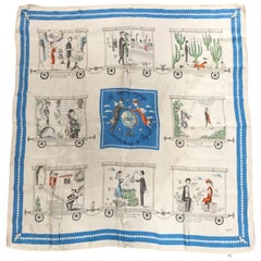 French Peynet Blue & White Silk Scarf "Le Beau Voyage des Amoureux de Peynet"