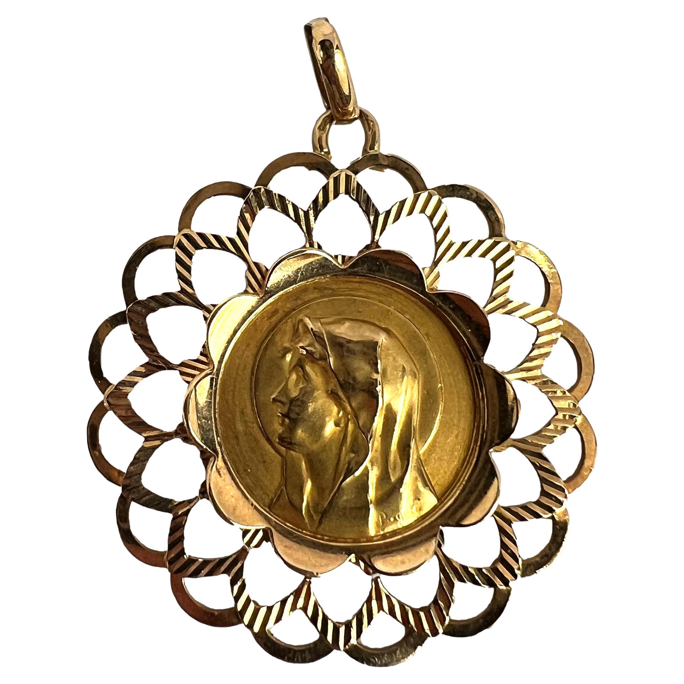 French Piaget Virgin Mary Frame 18K Yellow Gold Medal Charm Pendant
