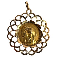 French Piaget Virgin Mary Frame 18K Yellow Gold Medal Charm Pendant