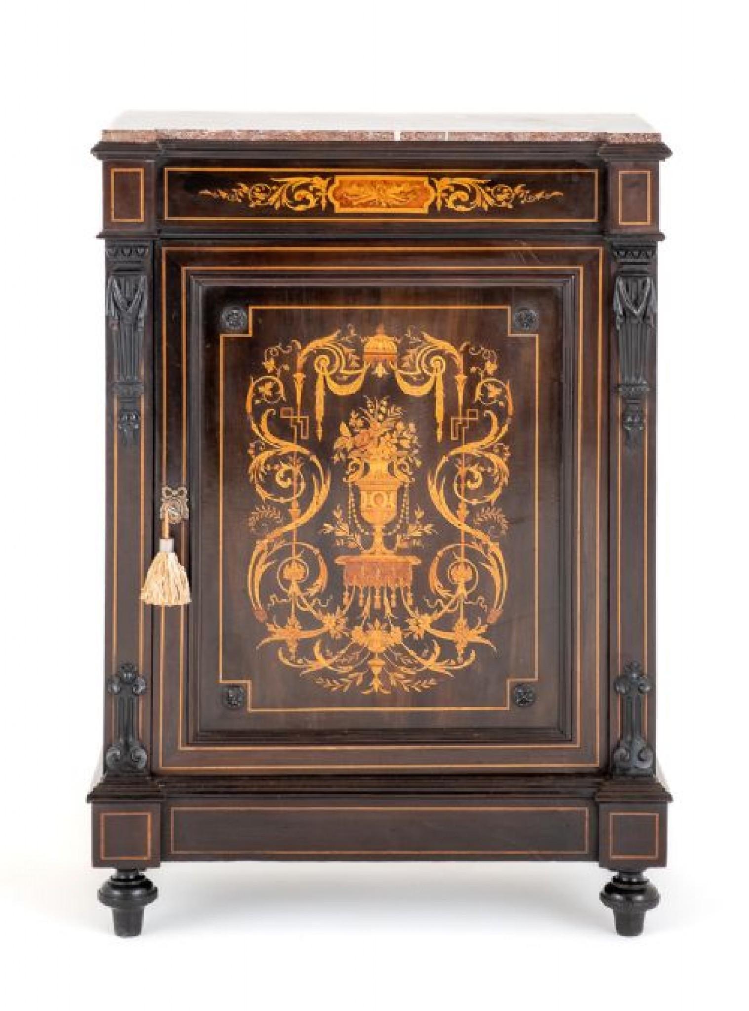 Here We Have a Quality French Marquetry Pier Cabinet.
The Cabinet Stands Upon Bun Feet.
The Central Door Having a Floral Marquetry Panel Featuring Urns, Flowers, Swags Etc.
The Door Being Flanked By Pilasters Which Feature Carved Mounts.
The