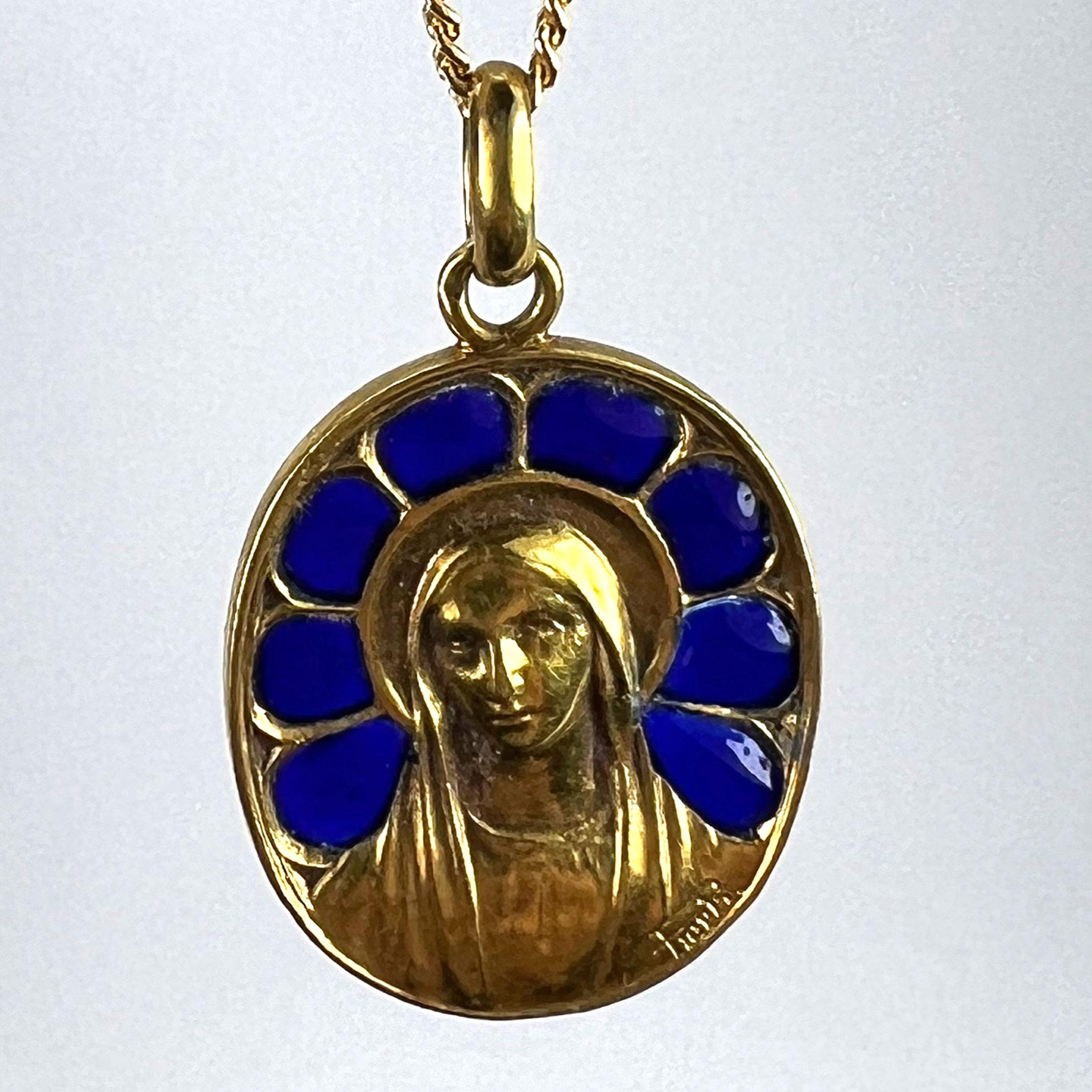 French Pierly Virgin Mary Plique A Jour Enamel 18K Yellow Gold Pendant Medal For Sale 8