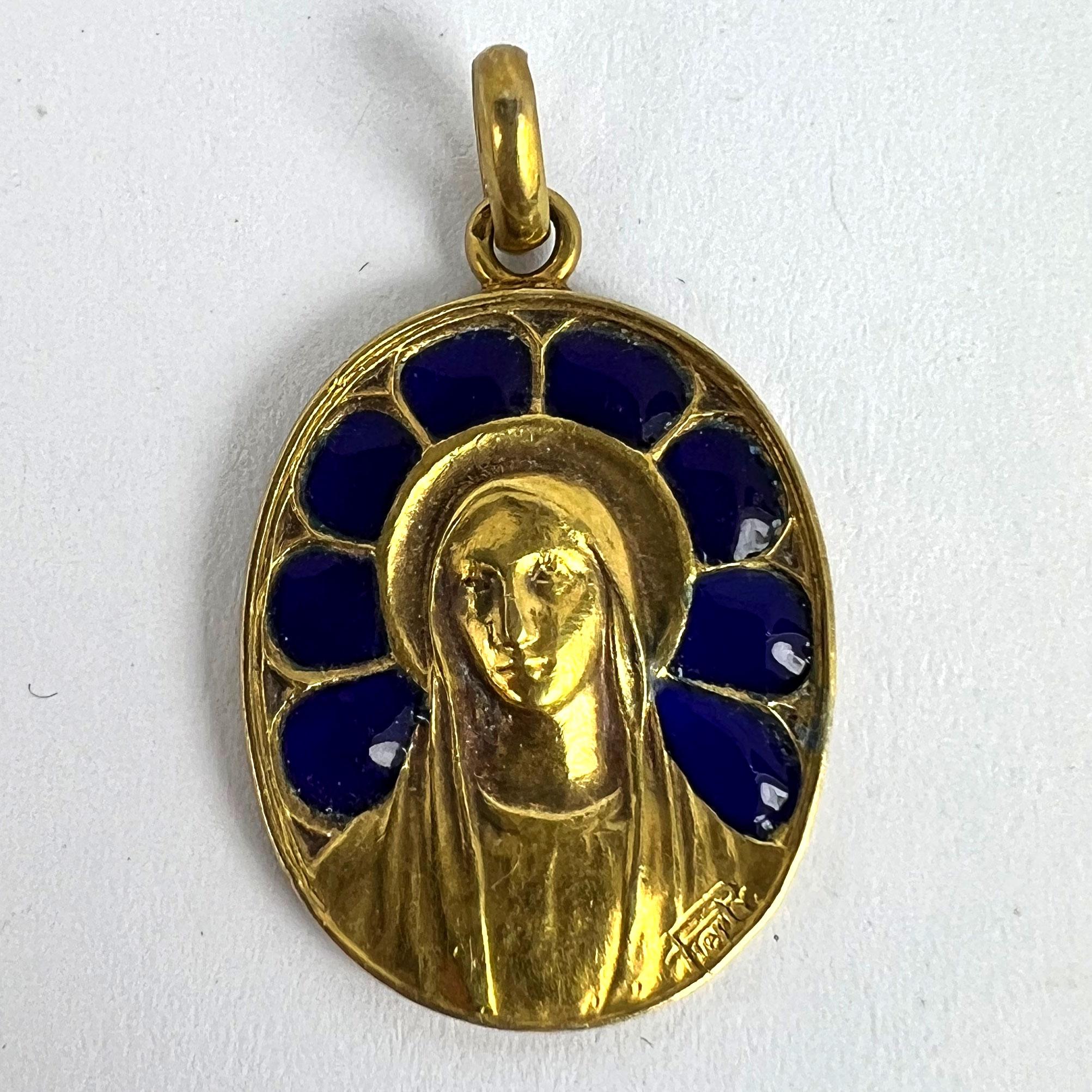 French Pierly Virgin Mary Plique A Jour Enamel 18K Yellow Gold Pendant Medal For Sale 9