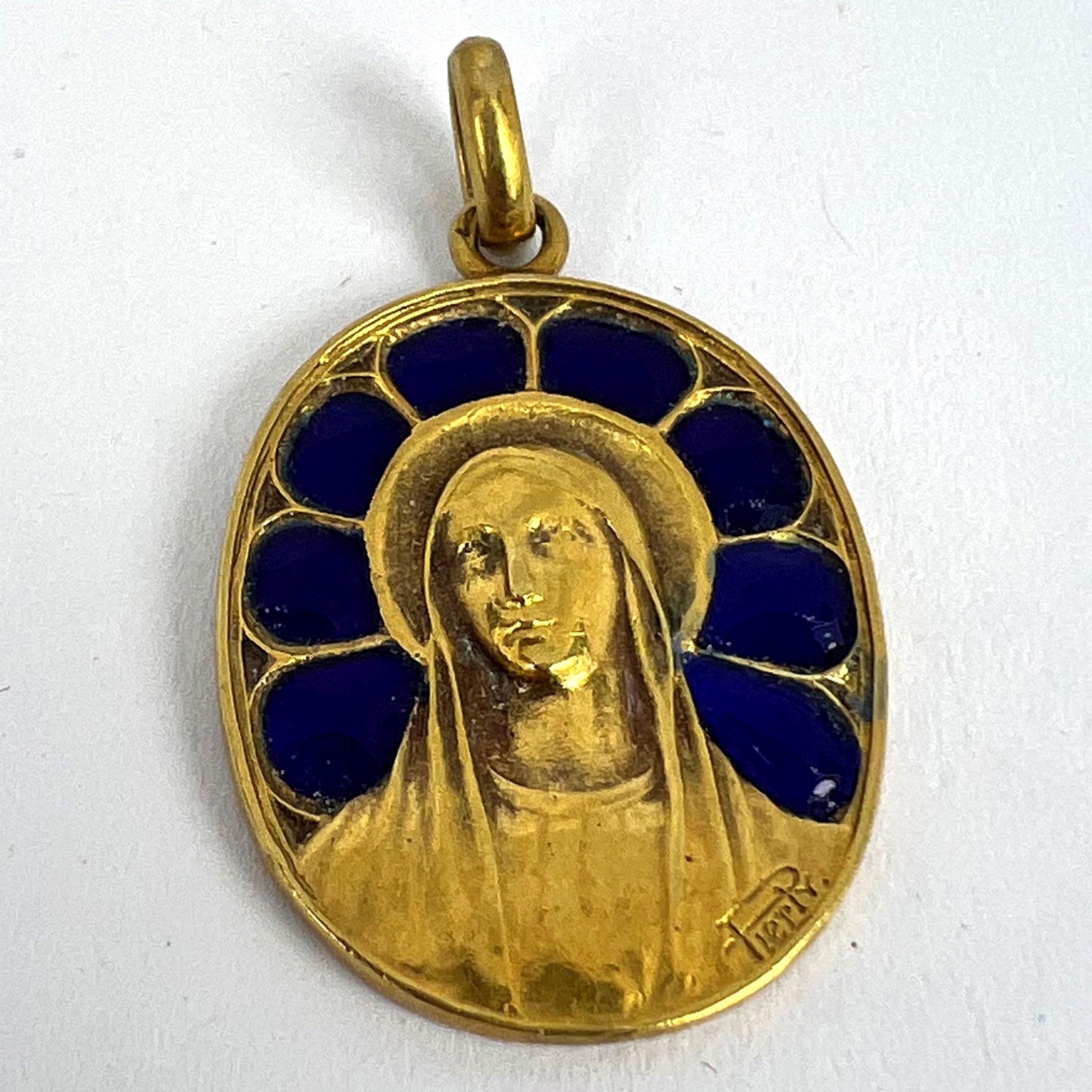 French Pierly Virgin Mary Plique A Jour Enamel 18K Yellow Gold Pendant Medal For Sale 10