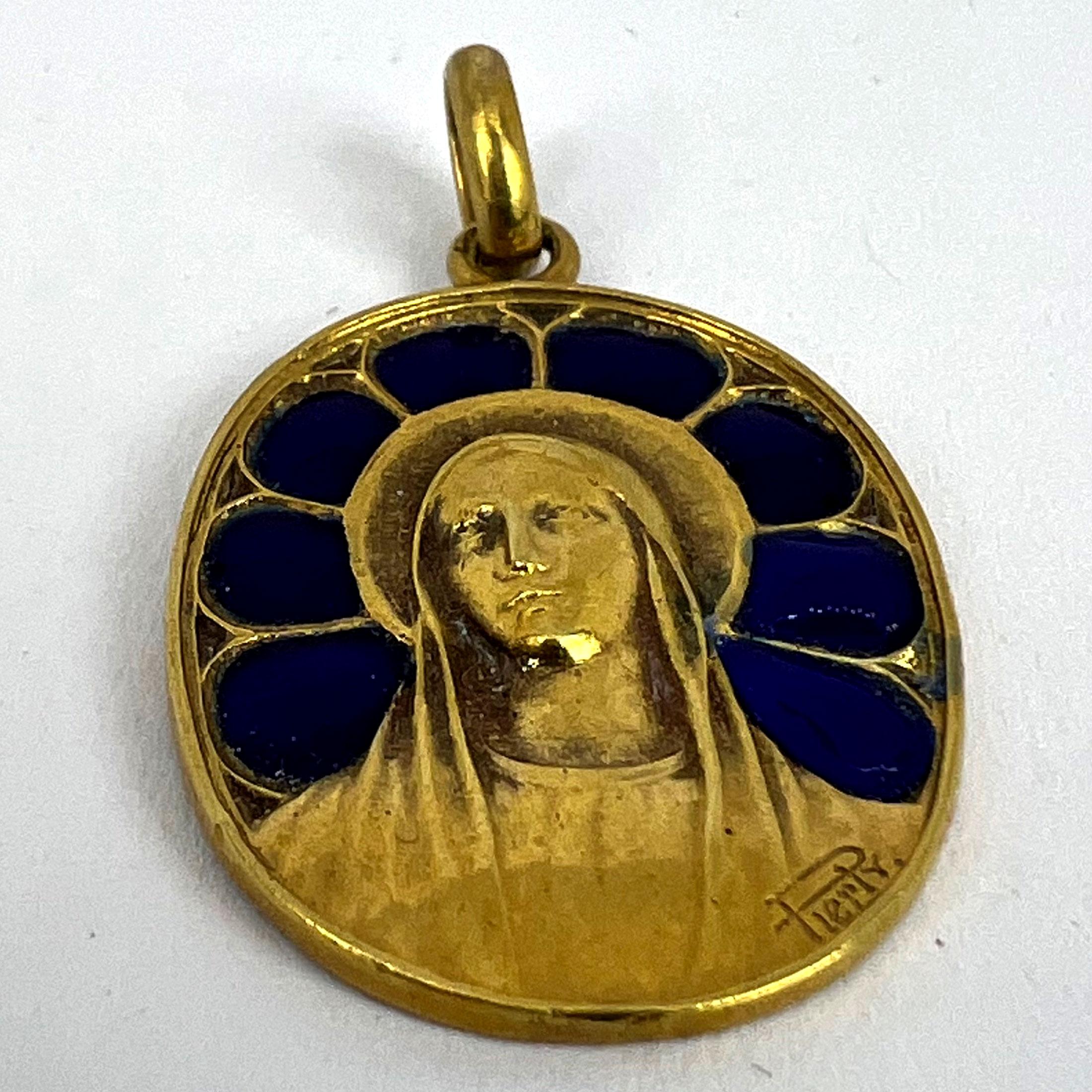 French Pierly Virgin Mary Plique A Jour Enamel 18K Yellow Gold Pendant Medal For Sale 11
