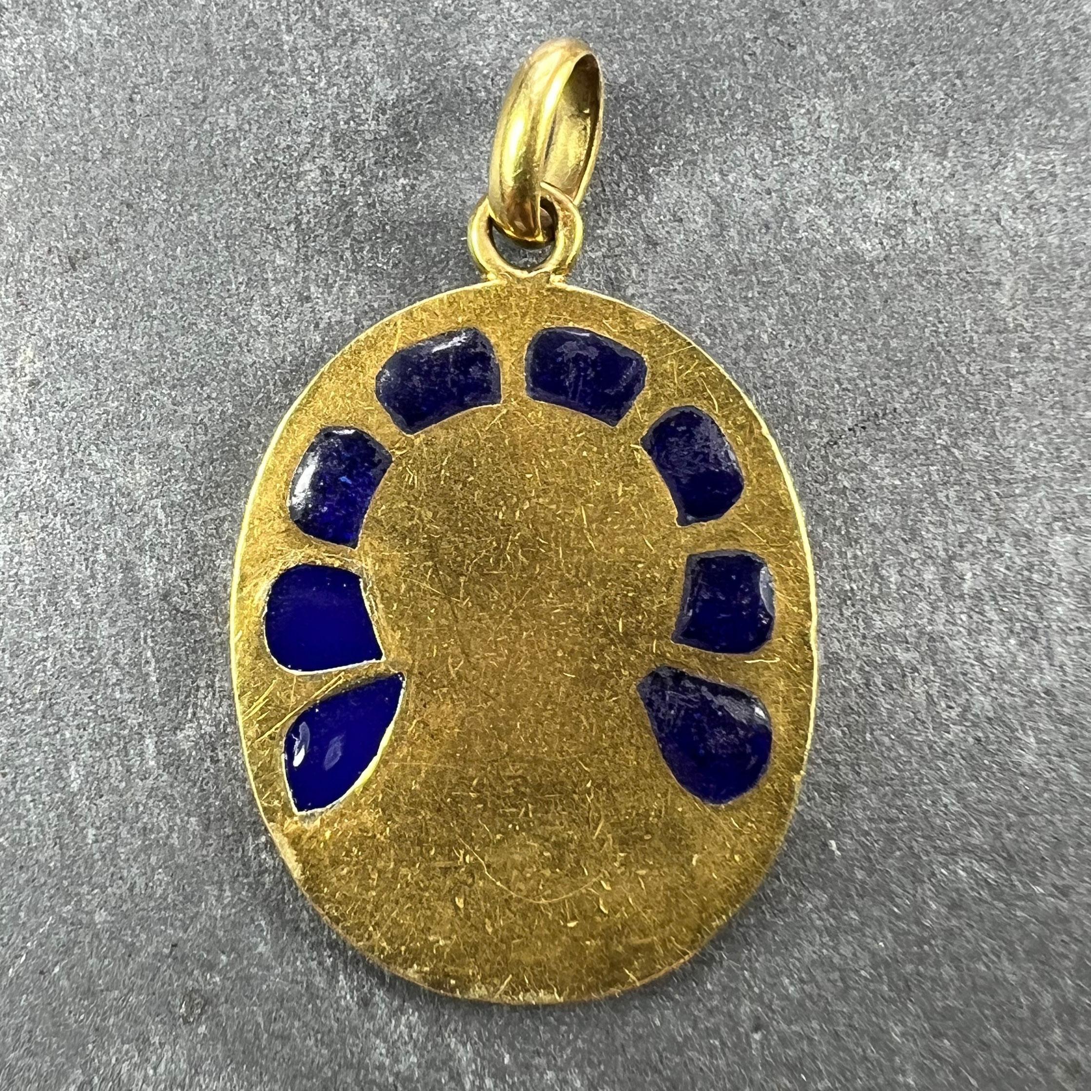 Women's or Men's French Pierly Virgin Mary Plique A Jour Enamel 18K Yellow Gold Pendant Medal For Sale