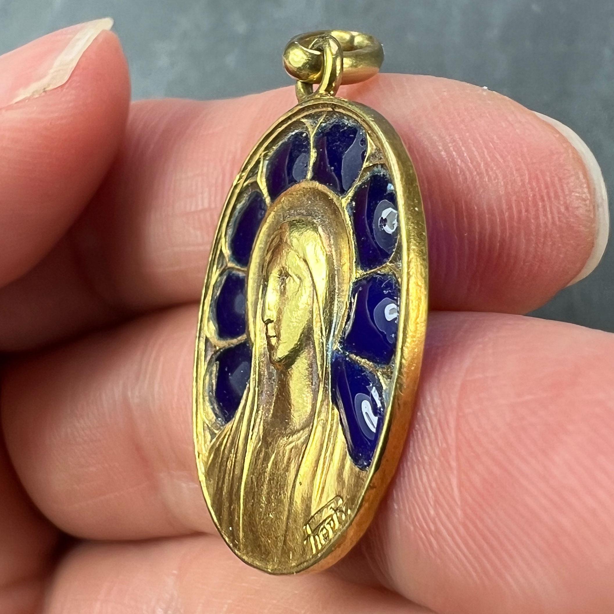 French Pierly Virgin Mary Plique A Jour Enamel 18K Yellow Gold Pendant Medal For Sale 4