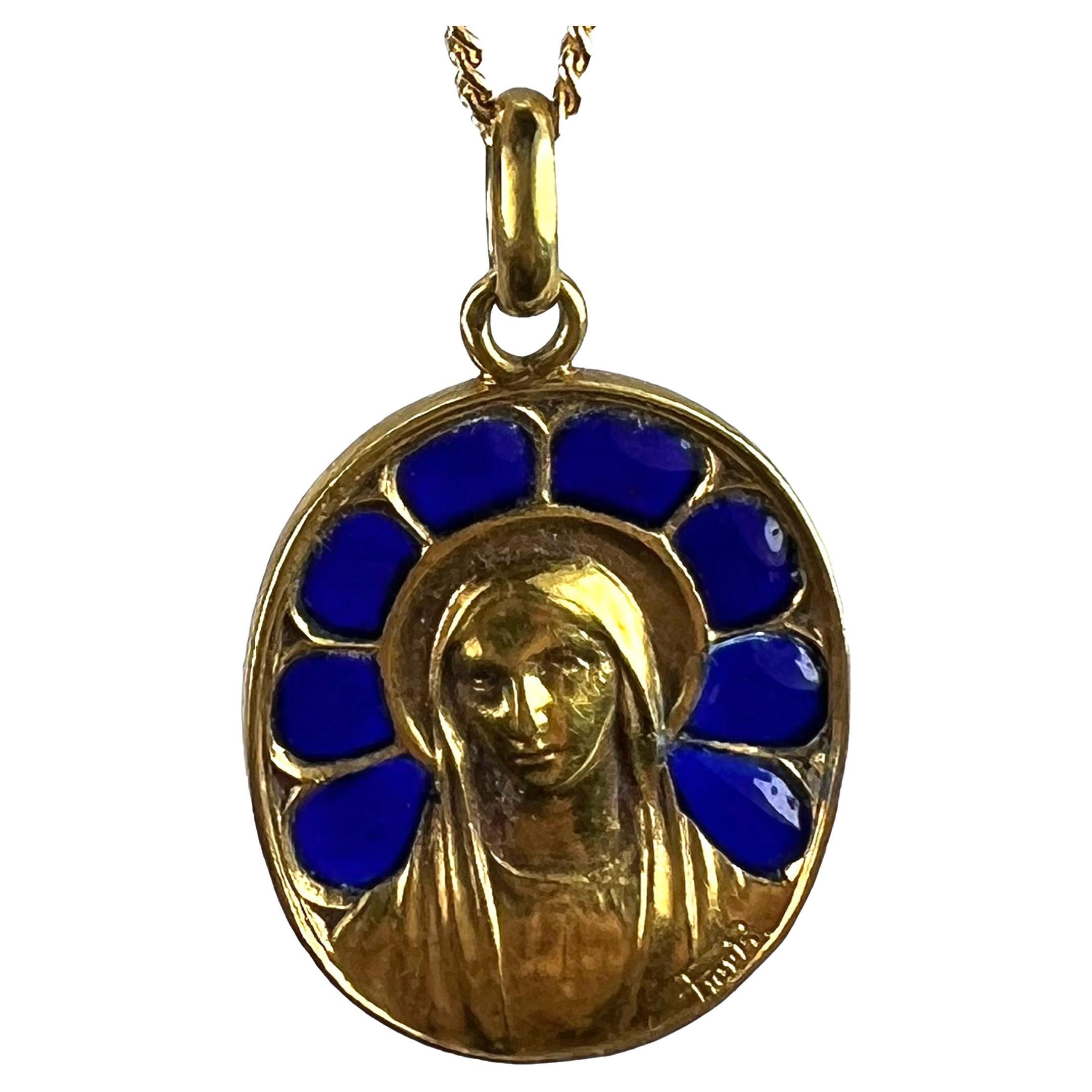 French Pierly Virgin Mary Plique A Jour Enamel 18K Yellow Gold Pendant Medal