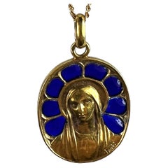 Medaglia con ciondolo in oro giallo 18 carati con smalto francese Pierly Vergine Maria Plique A Jour