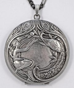 French Pierre Bex Art Nouveau style Silver Plated Necklace and Peacock Locket