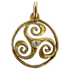 French Pierre Toulhart Triskel Triskelion 18K Yellow Gold Diamond Pendant