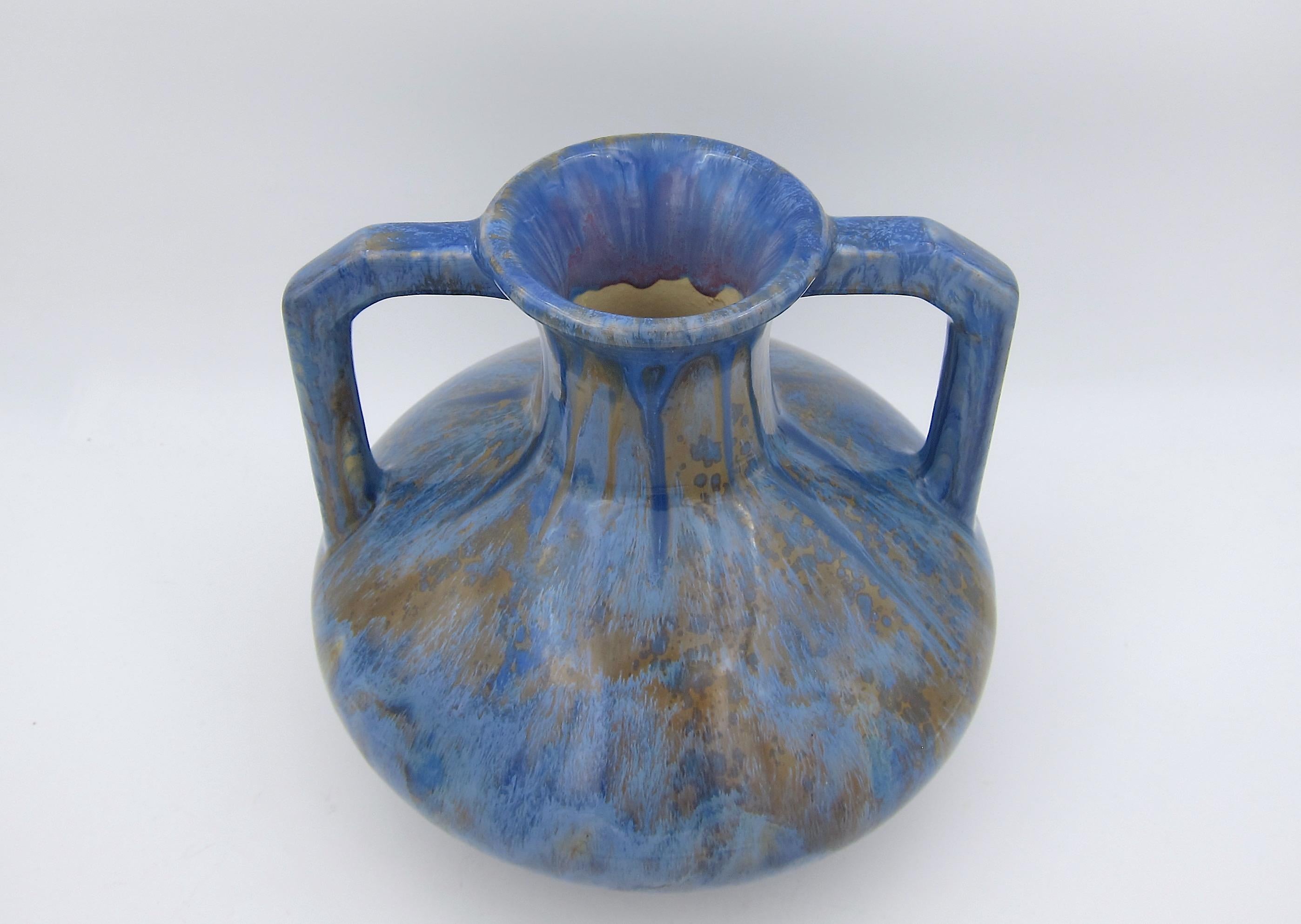Ceramic French Pierrefonds Vase with Blue Crystalline Glaze