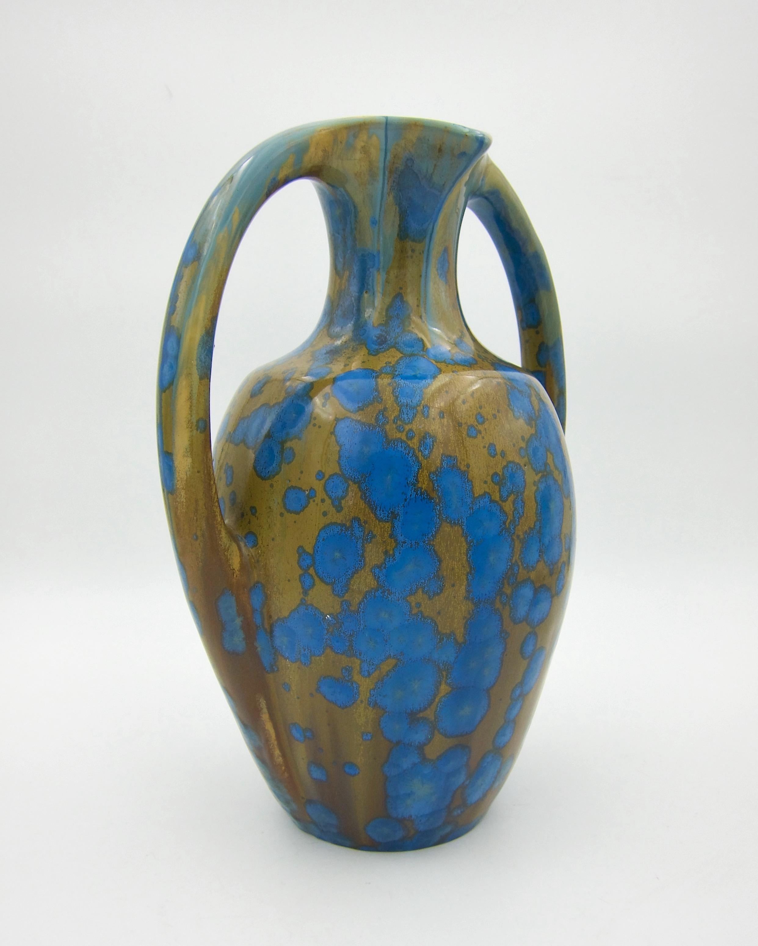 Art Nouveau French Pierrefonds Art Pottery Vase with Blue Crystalline Glaze