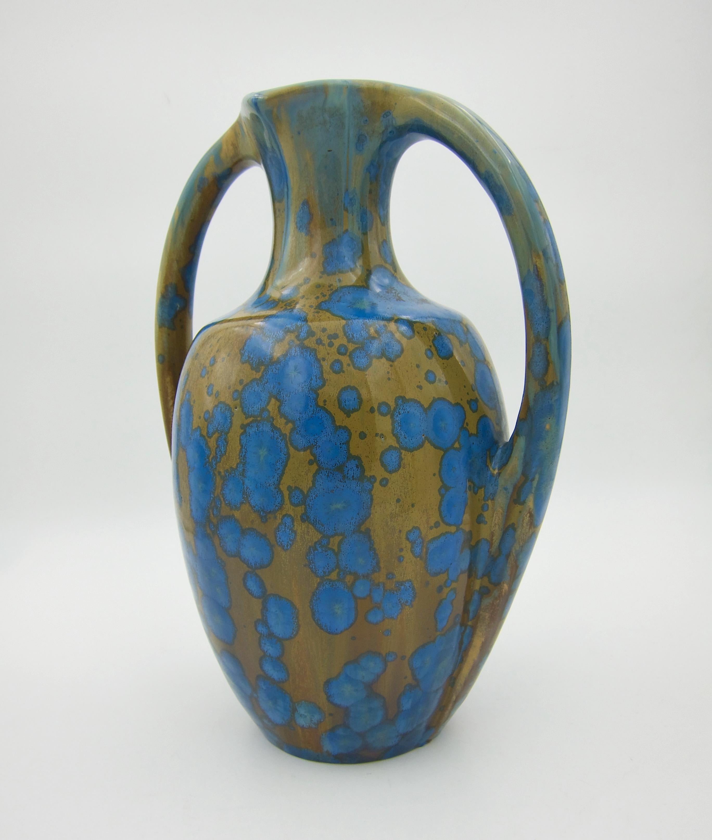 Glazed French Pierrefonds Art Pottery Vase with Blue Crystalline Glaze