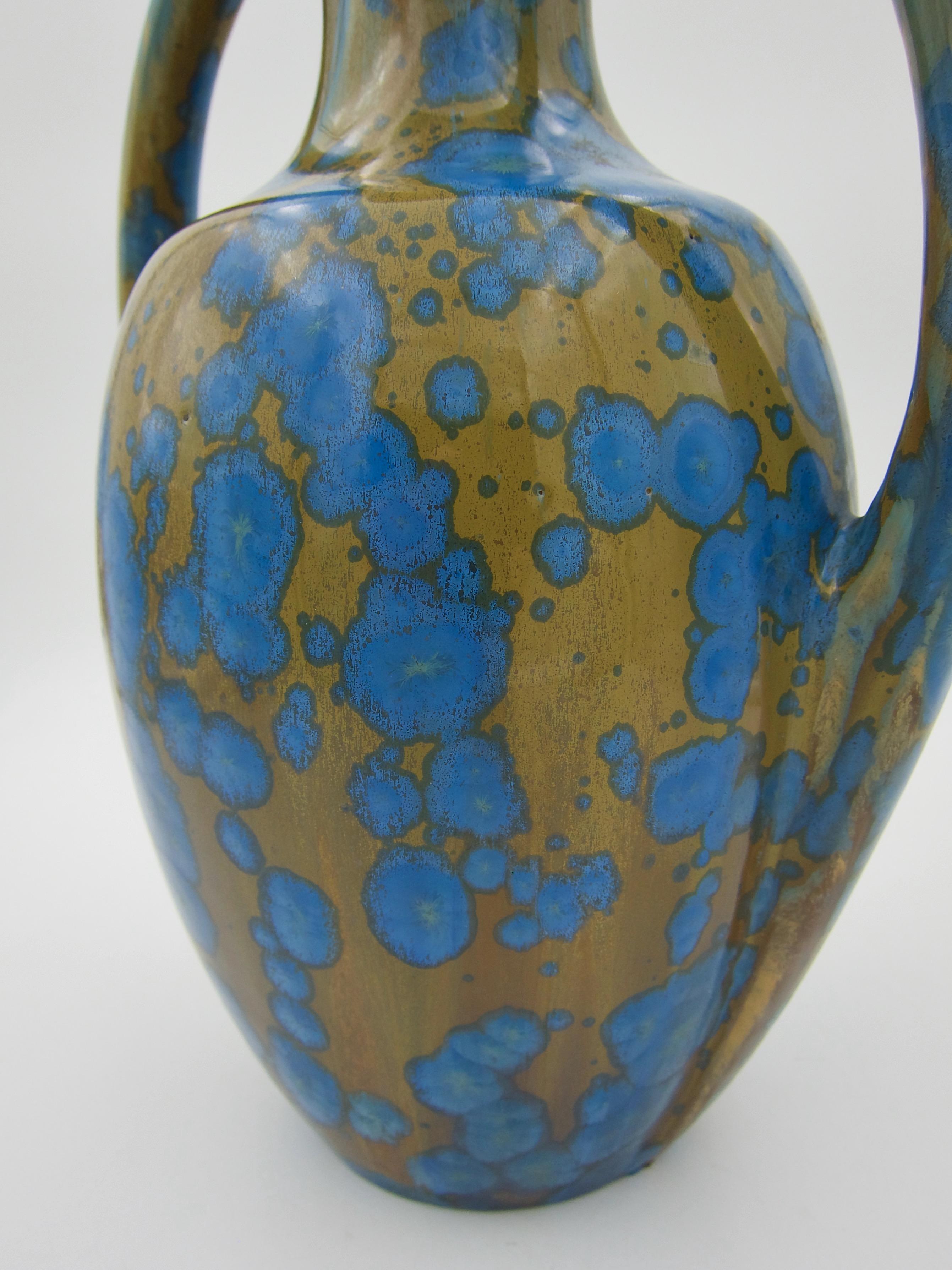 Ceramic French Pierrefonds Art Pottery Vase with Blue Crystalline Glaze
