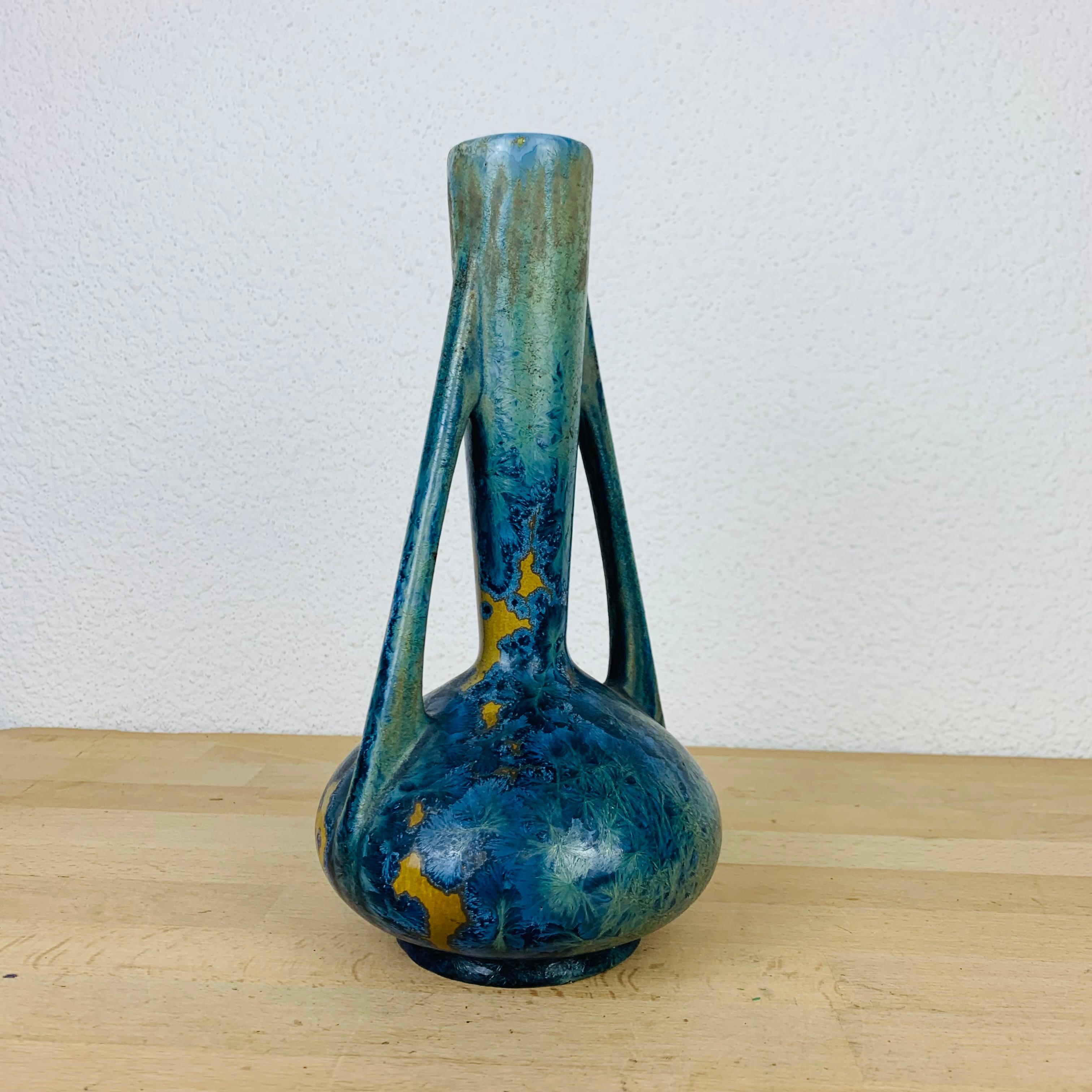 Glazed French Pierrefonds vase with blue Crystalline Glaze, Art Nouveau stoneware For Sale