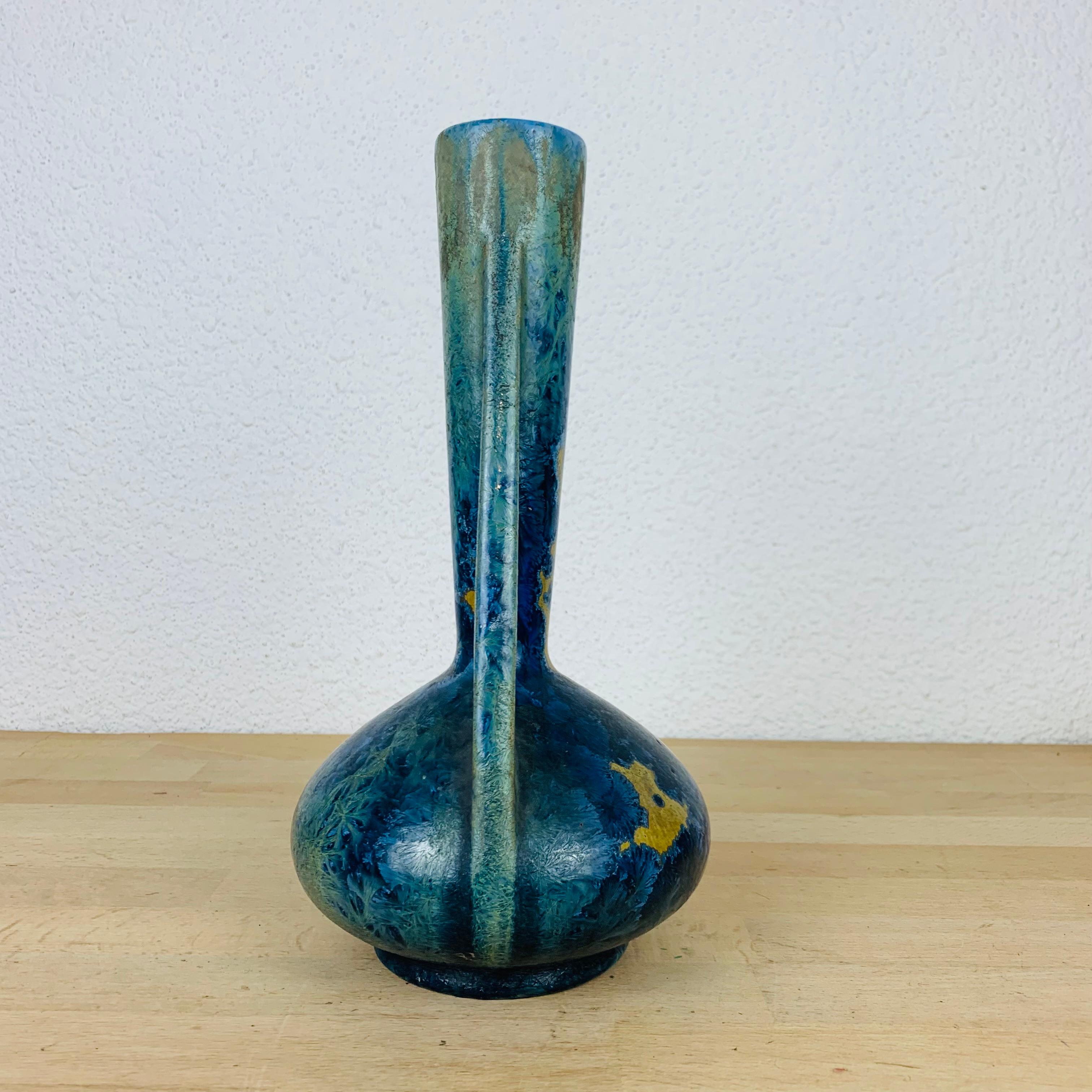 Ceramic French Pierrefonds vase with blue Crystalline Glaze, Art Nouveau stoneware For Sale
