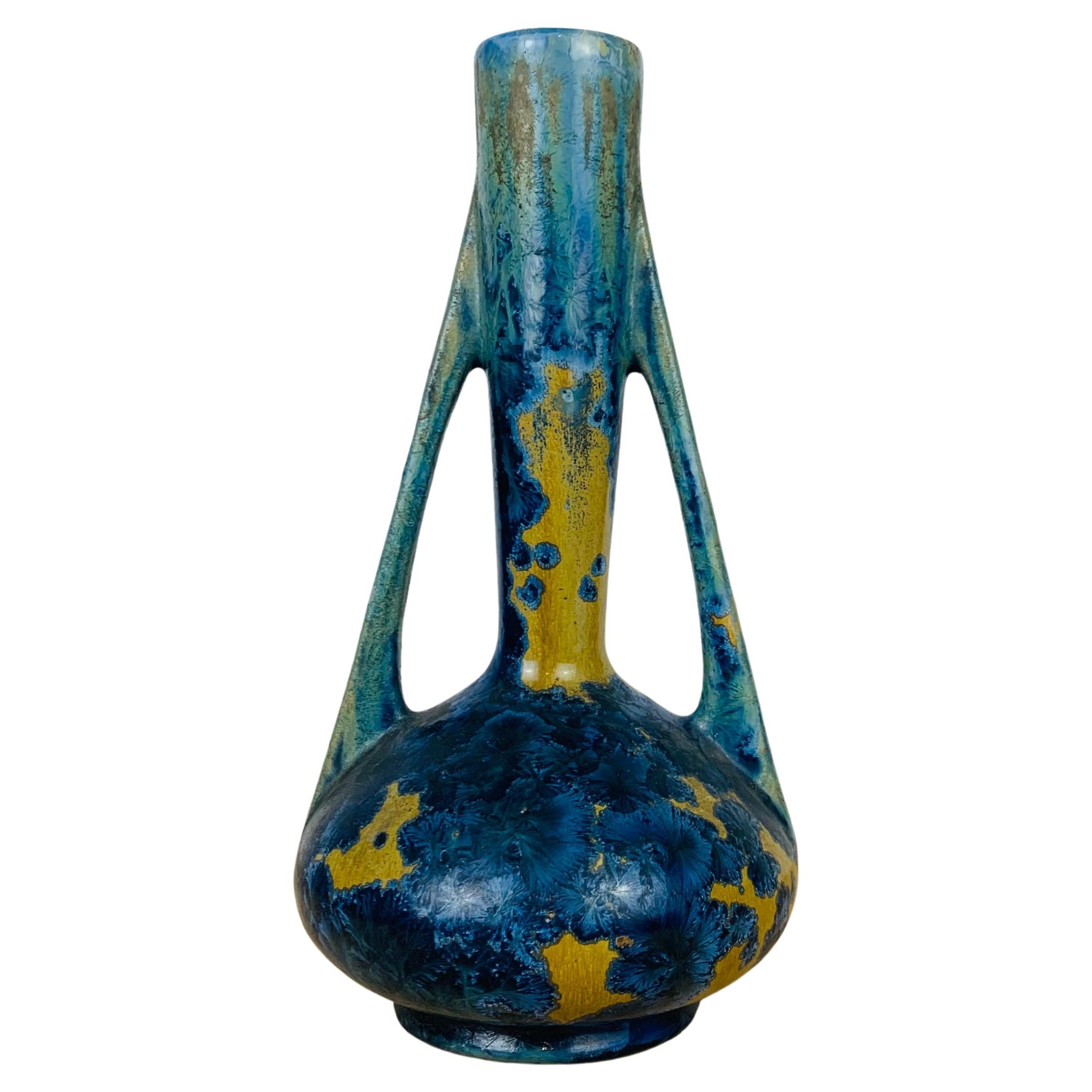 French Pierrefonds vase with blue Crystalline Glaze, Art Nouveau stoneware For Sale