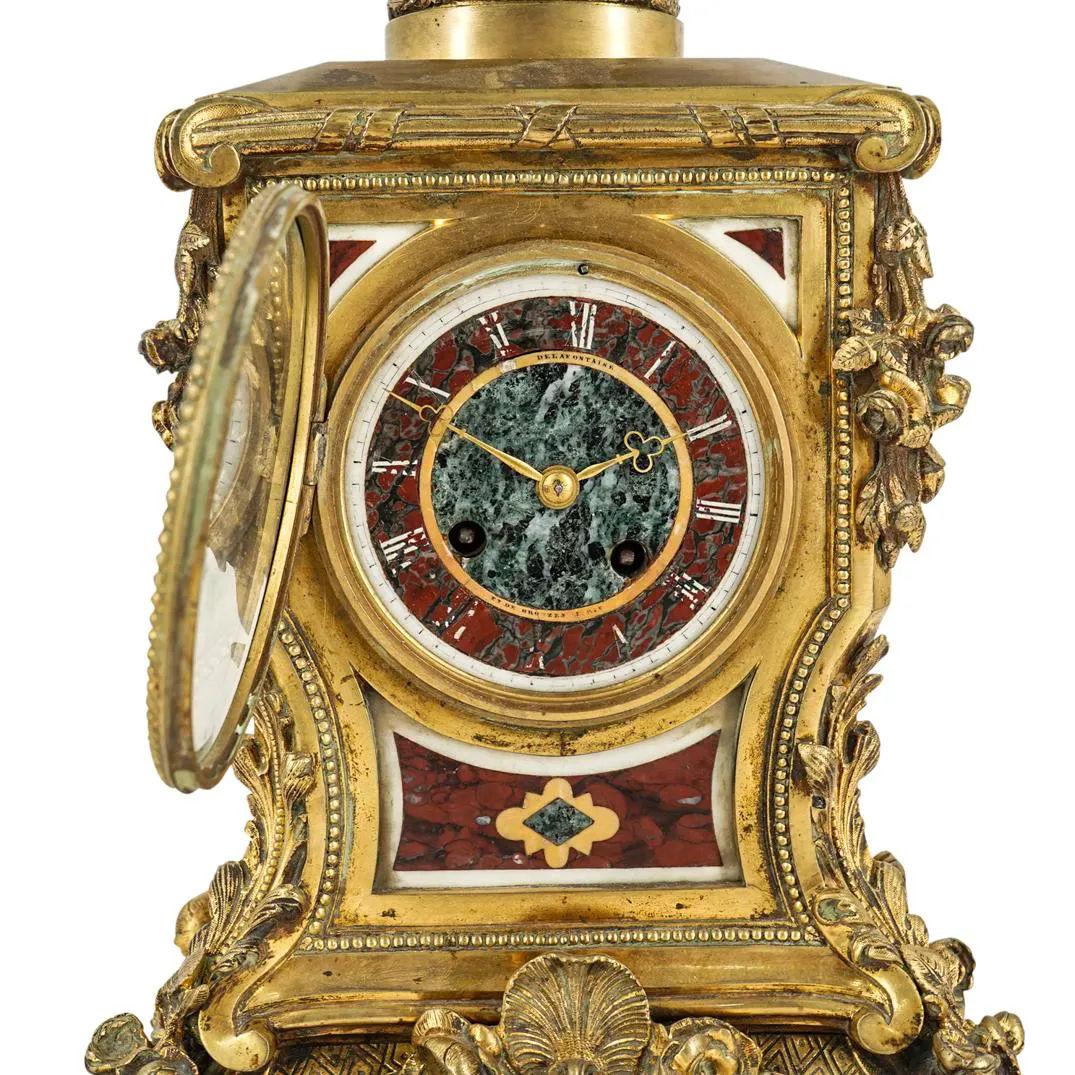 French Pietra Dura and Ormolu Bronze Mantel Clock 1