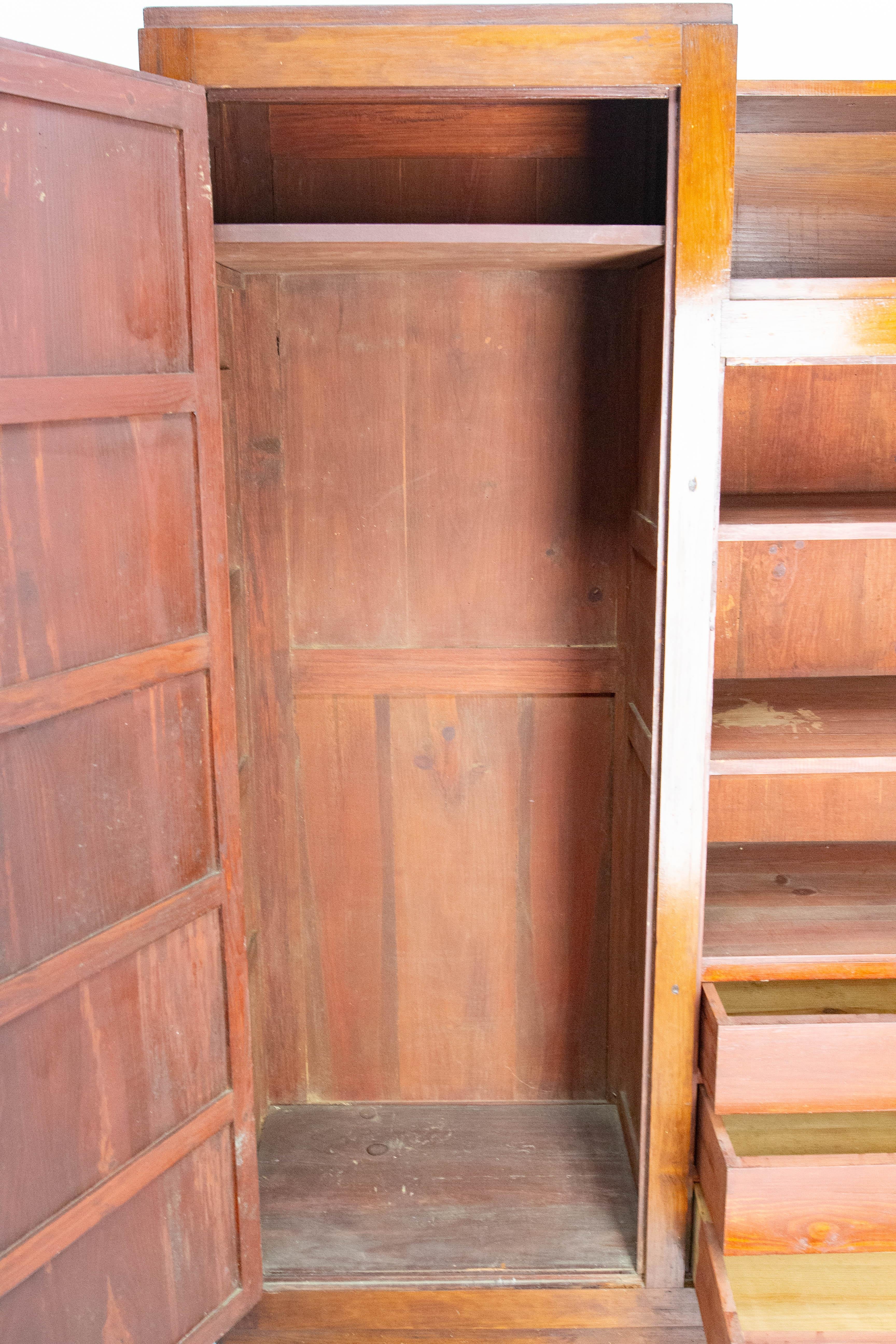 French Pine Armoire Two Doors Wardrobe Shelves & Drawers, circa 1950 1