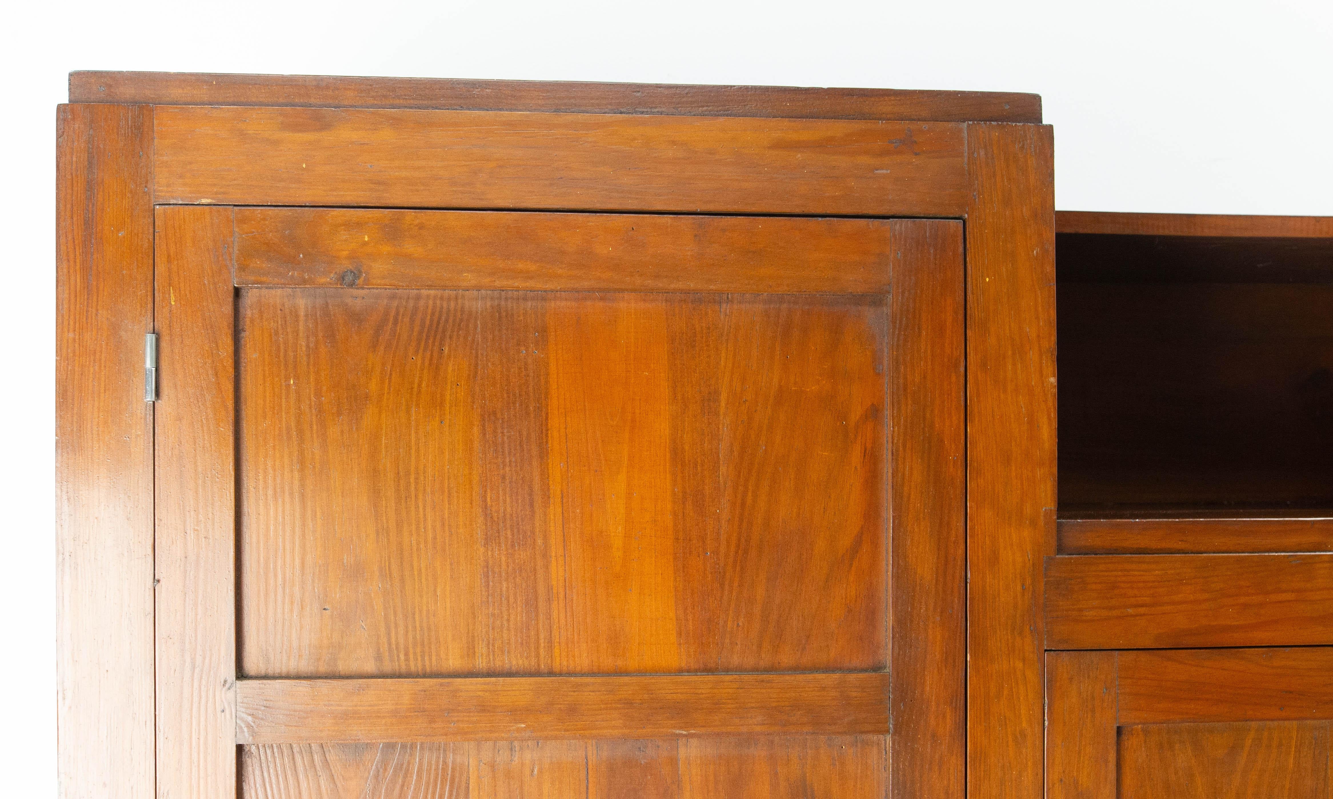 Mid-Century Modern French Pine Armoire Two Doors Wardrobe Shelves & Drawers, circa 1950