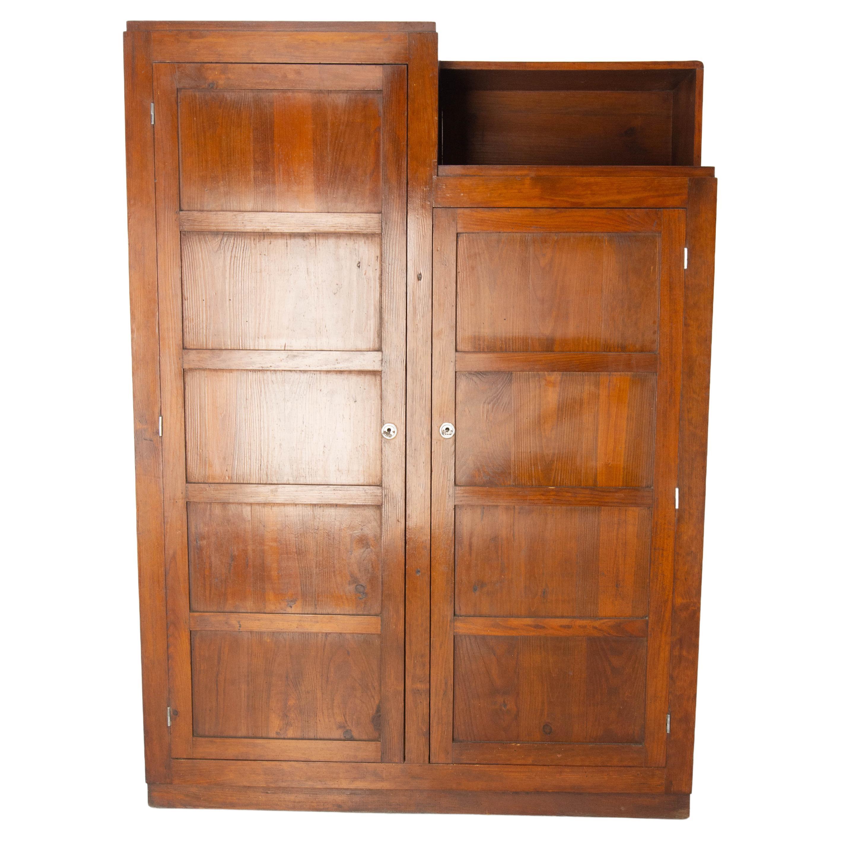 French Pine Armoire Two Doors Wardrobe Shelves & Drawers, circa 1950 For Sale