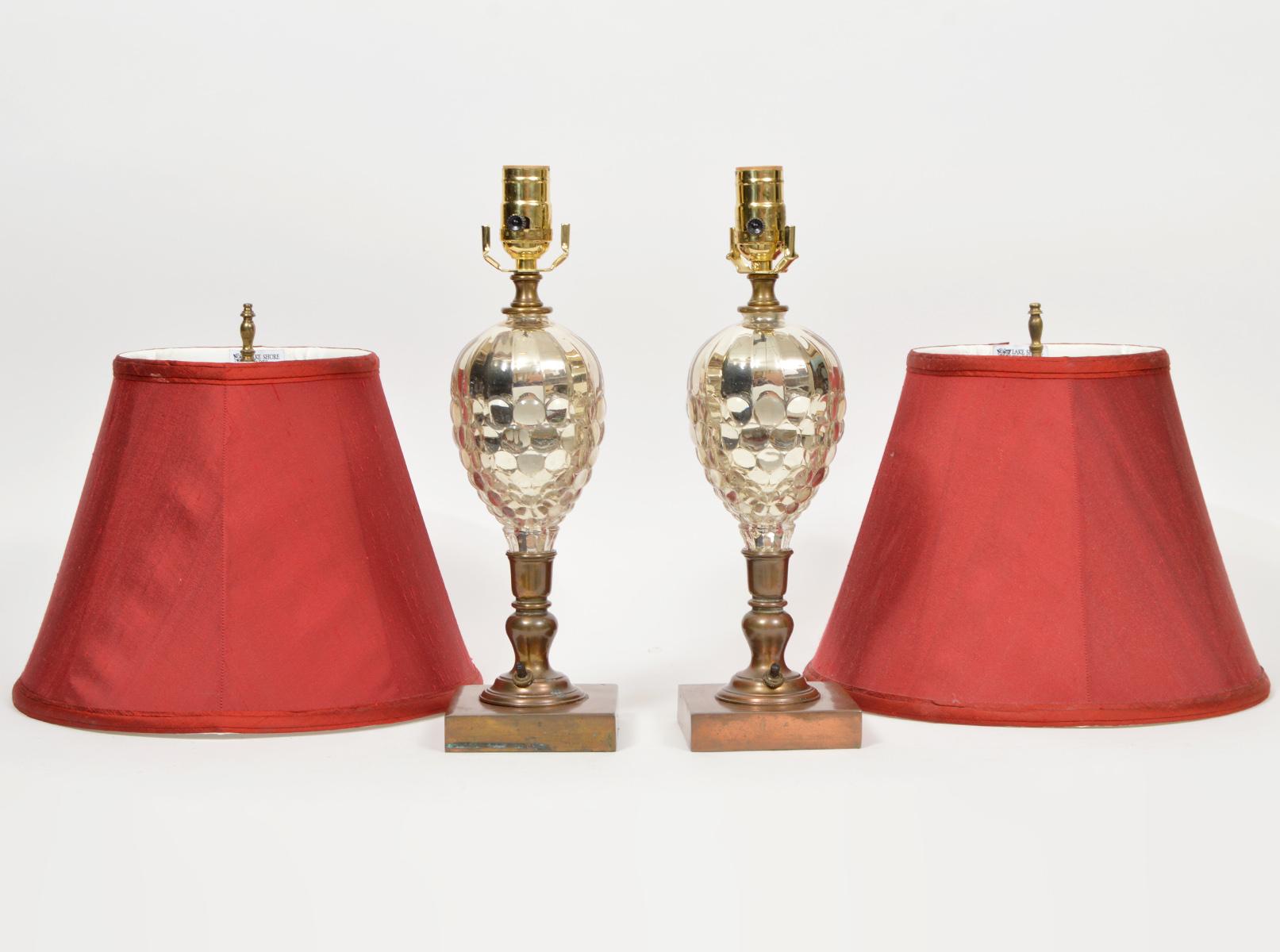 Belle Époque French Pine Cone Shape Cut Mercury Glass and Bronze Lamps, Early 20th Century