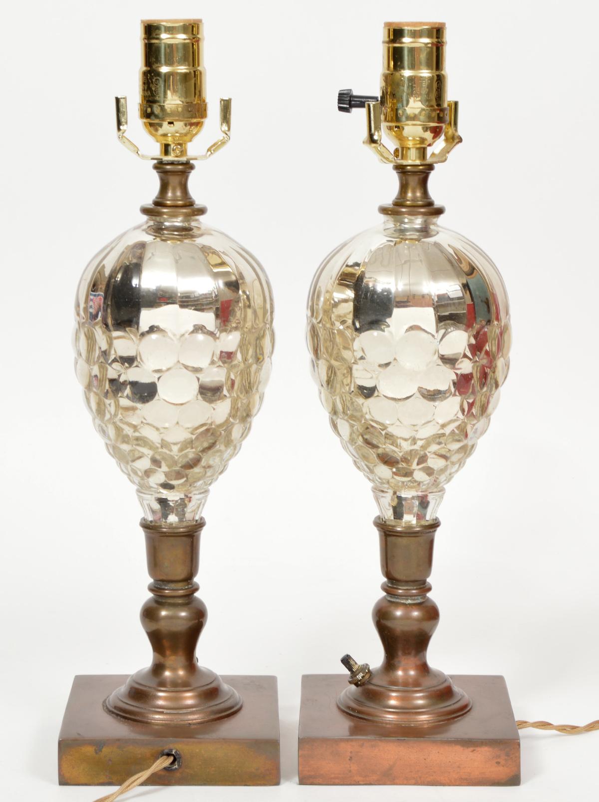 French Pine Cone Shape Cut Mercury Glass and Bronze Lamps, Early 20th Century 2