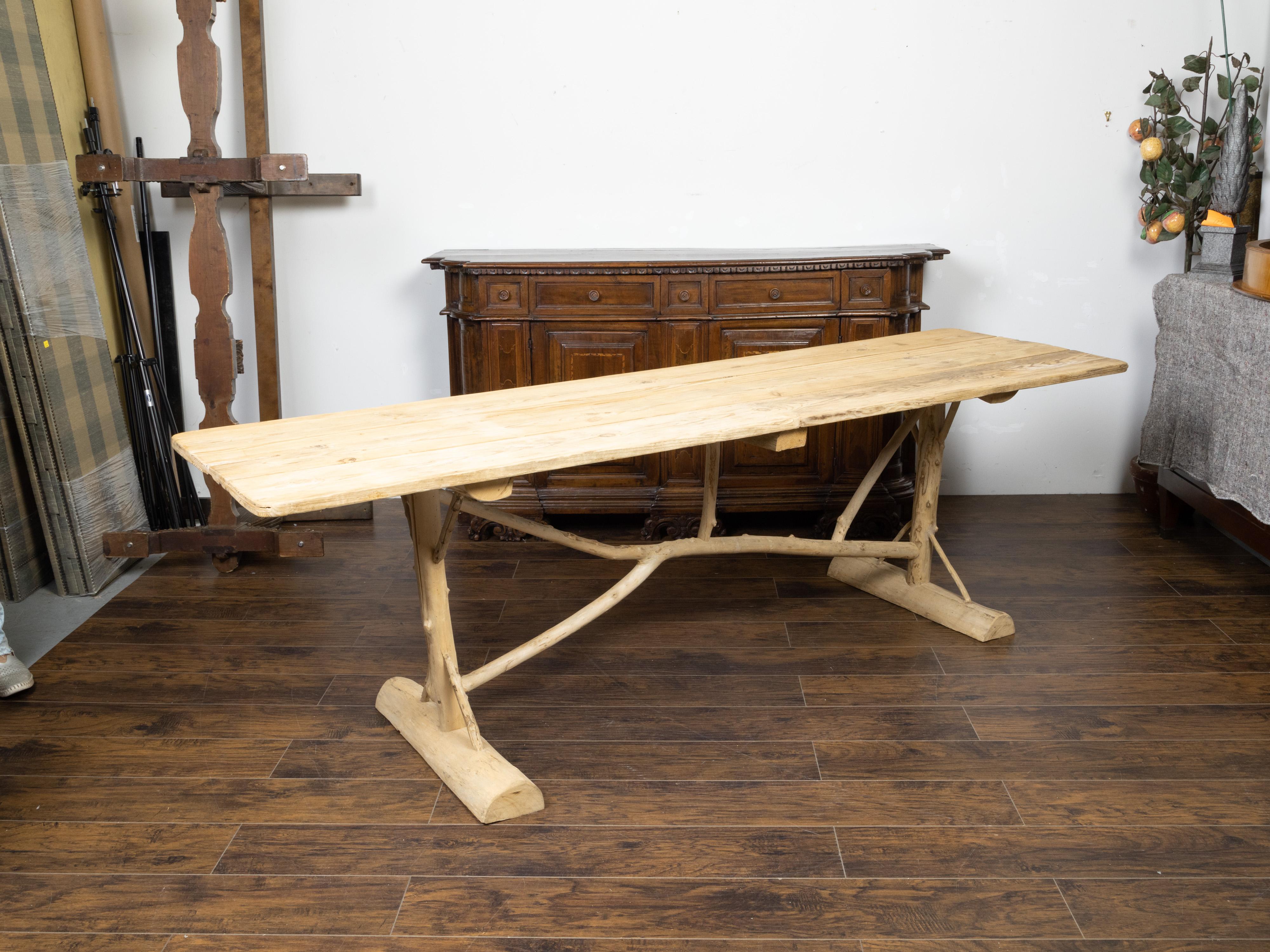 Mid-Century Modern French Pine Farm Table with Twig Trestle Base from the Mid 20th Century