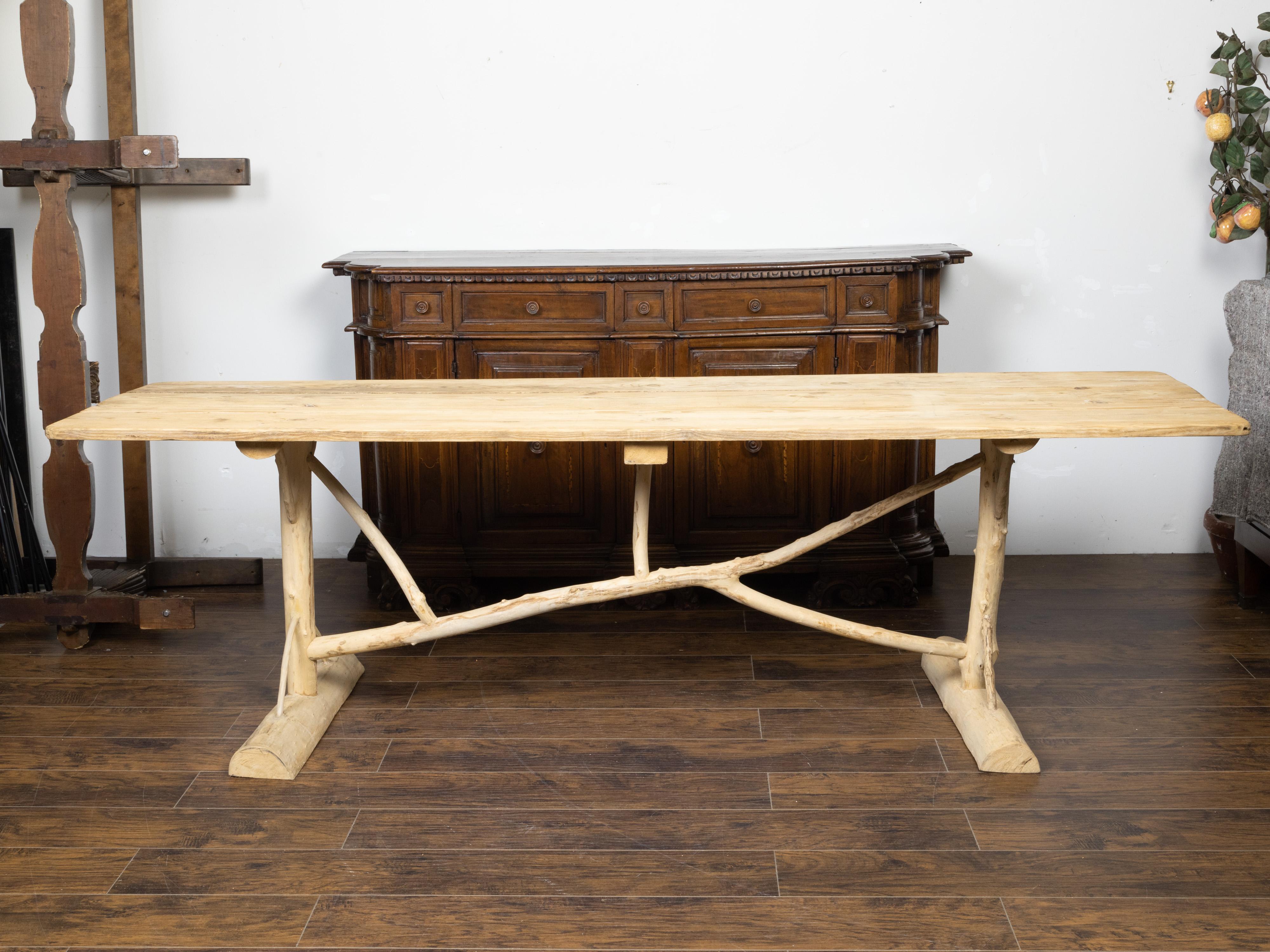 French Pine Farm Table with Twig Trestle Base from the Mid 20th Century 1