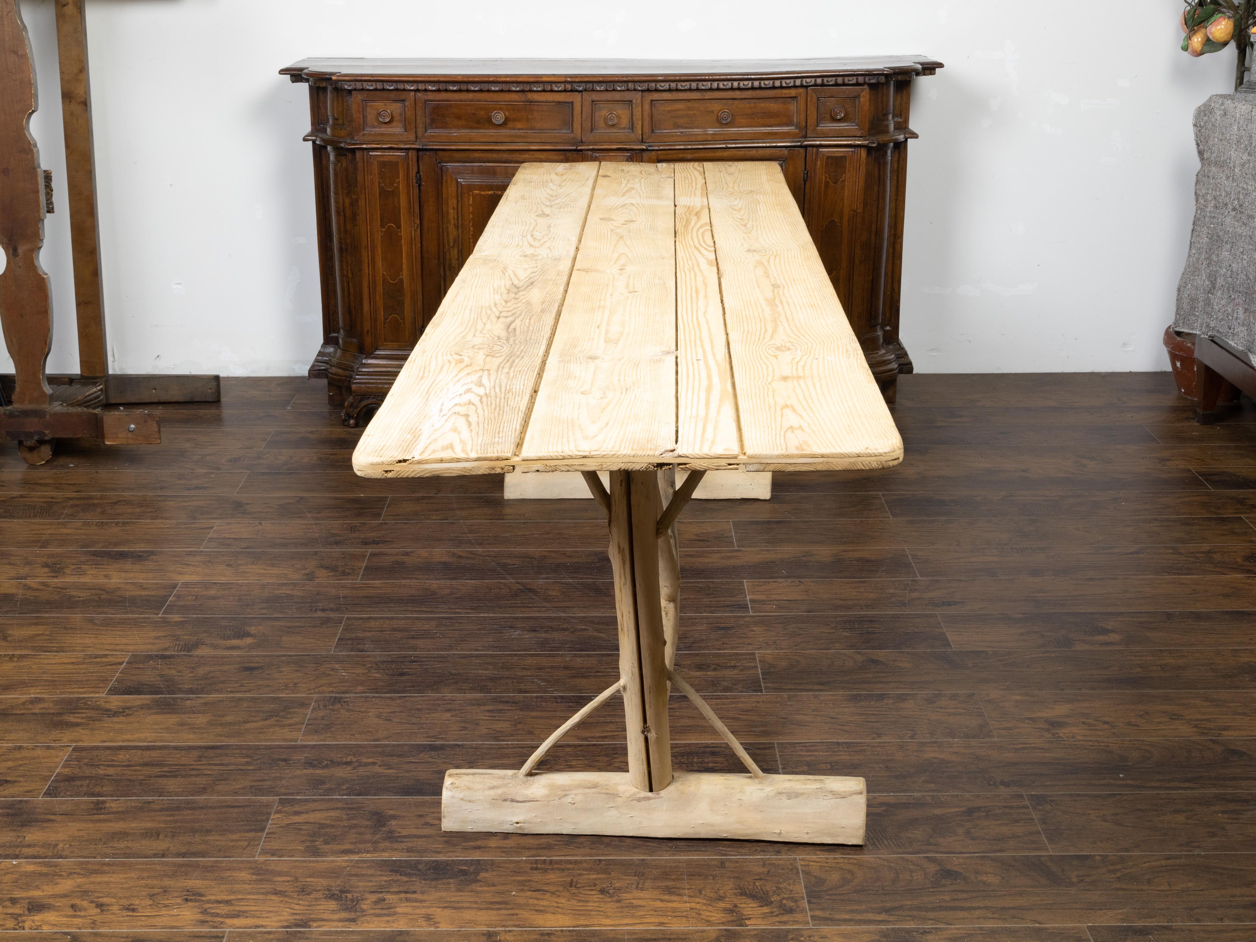 French Pine Farm Table with Twig Trestle Base from the Mid 20th Century 2