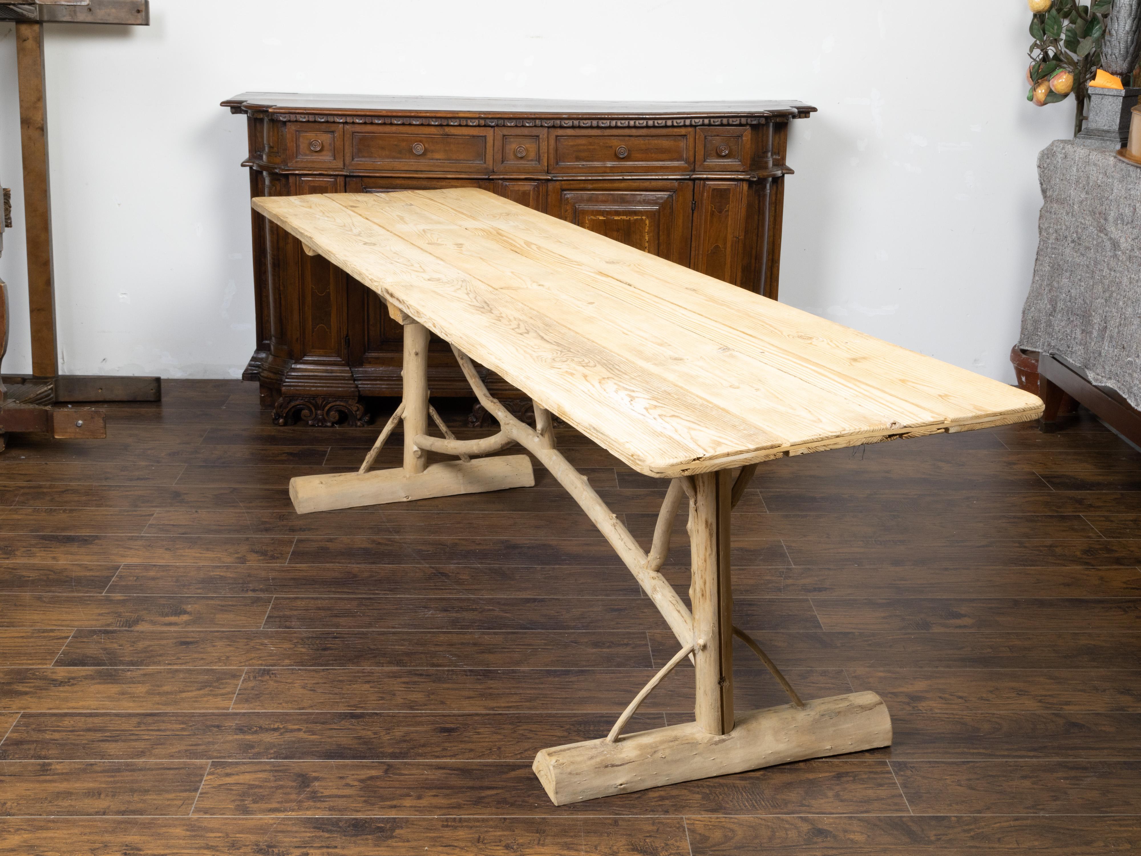 French Pine Farm Table with Twig Trestle Base from the Mid 20th Century 3