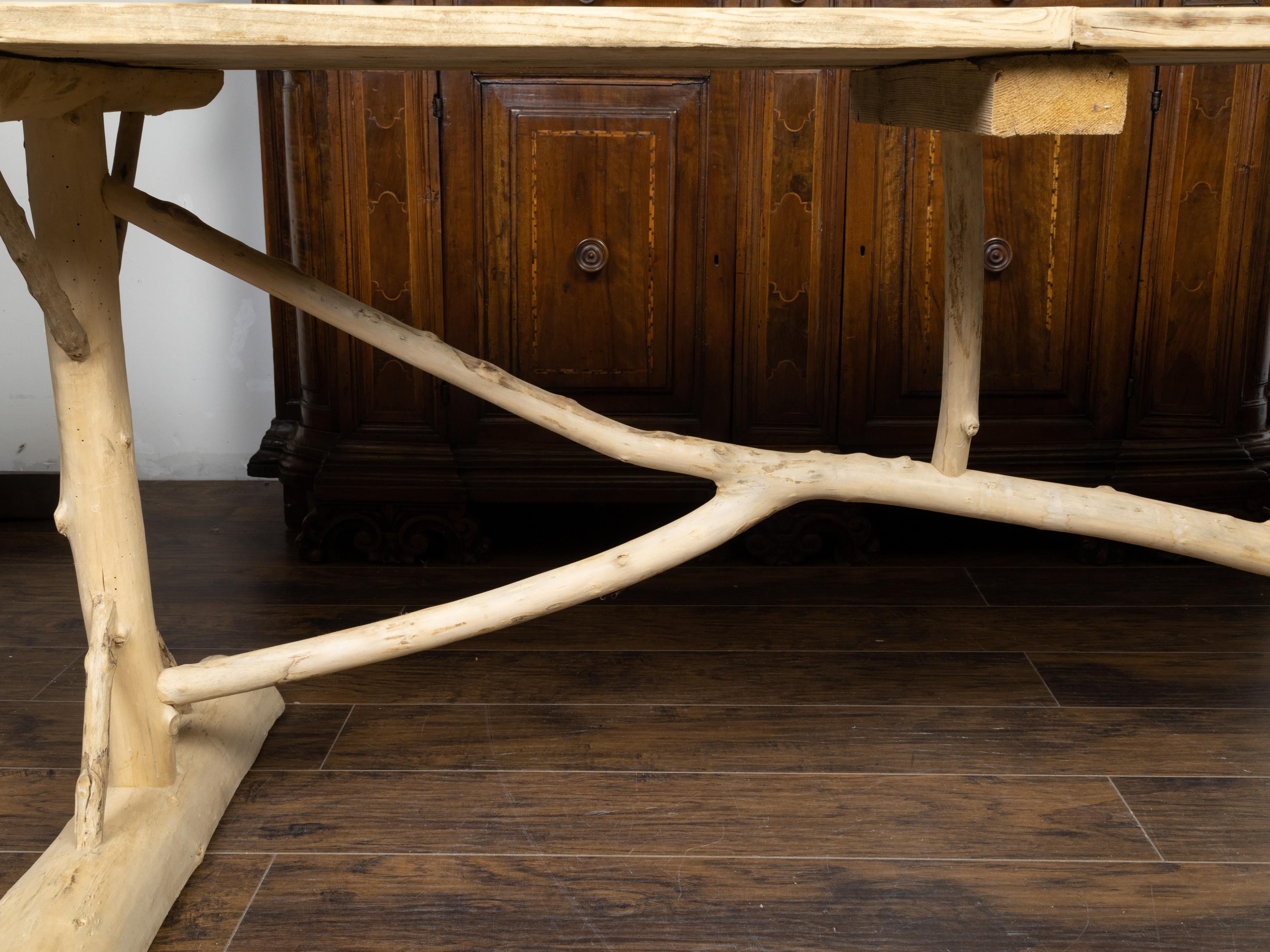French Pine Farm Table with Twig Trestle Base from the Mid 20th Century 4