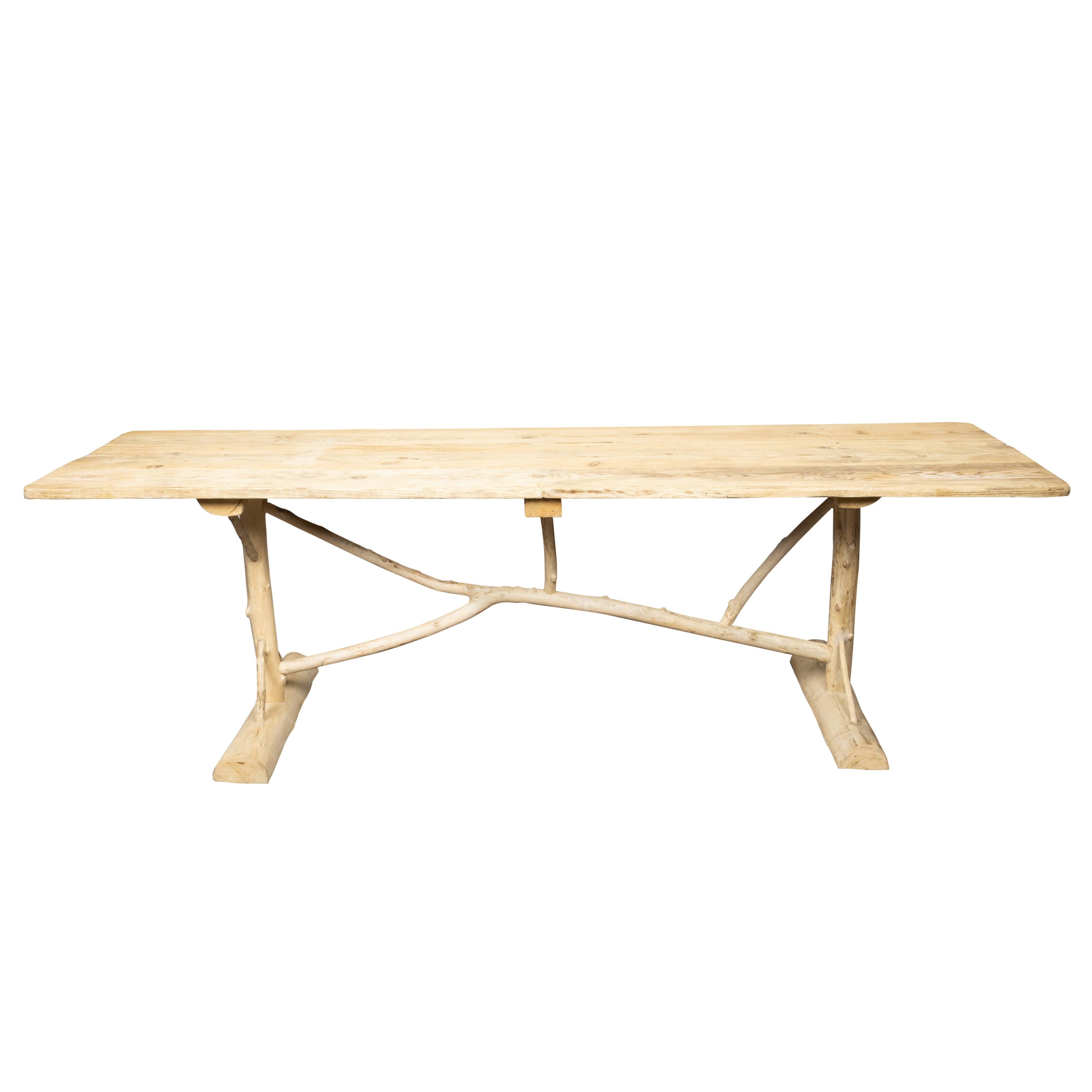 French Pine Farm Table with Twig Trestle Base from the Mid 20th Century