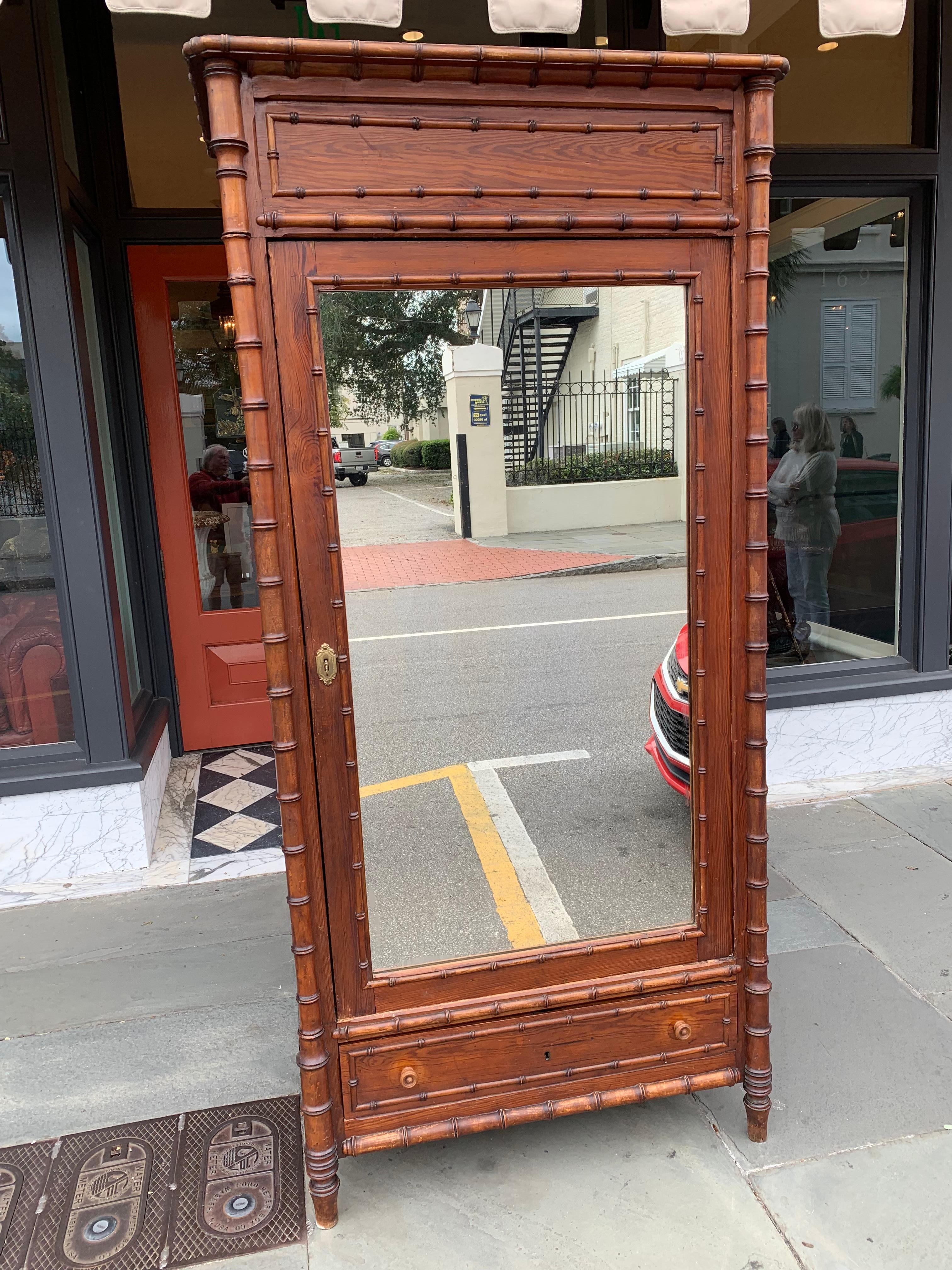 French Pine Faux Bamboo Armoire with Lovely Front Mirror In Good Condition In Charleston, SC