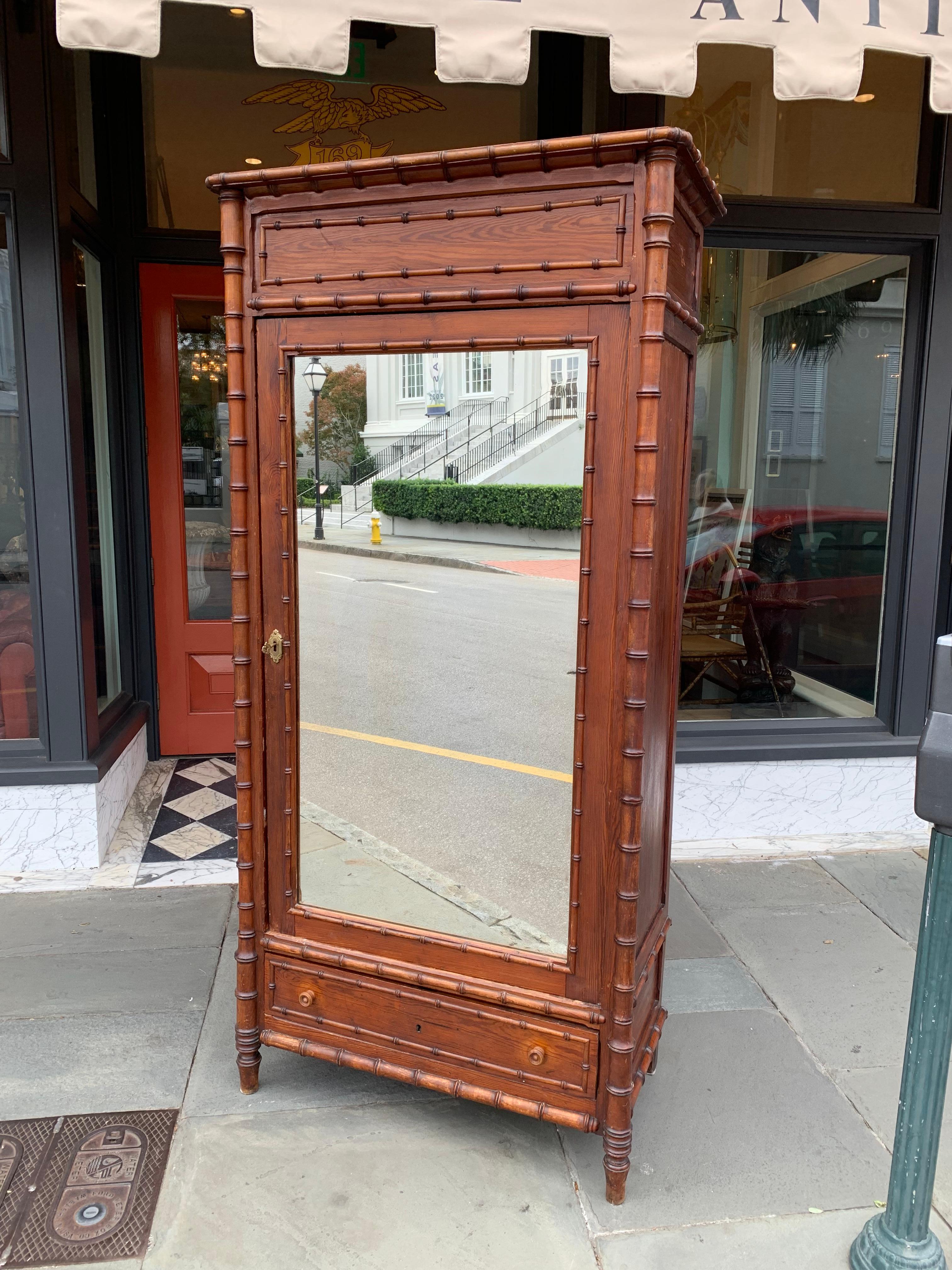 French Pine Faux Bamboo Armoire with Lovely Front Mirror 2