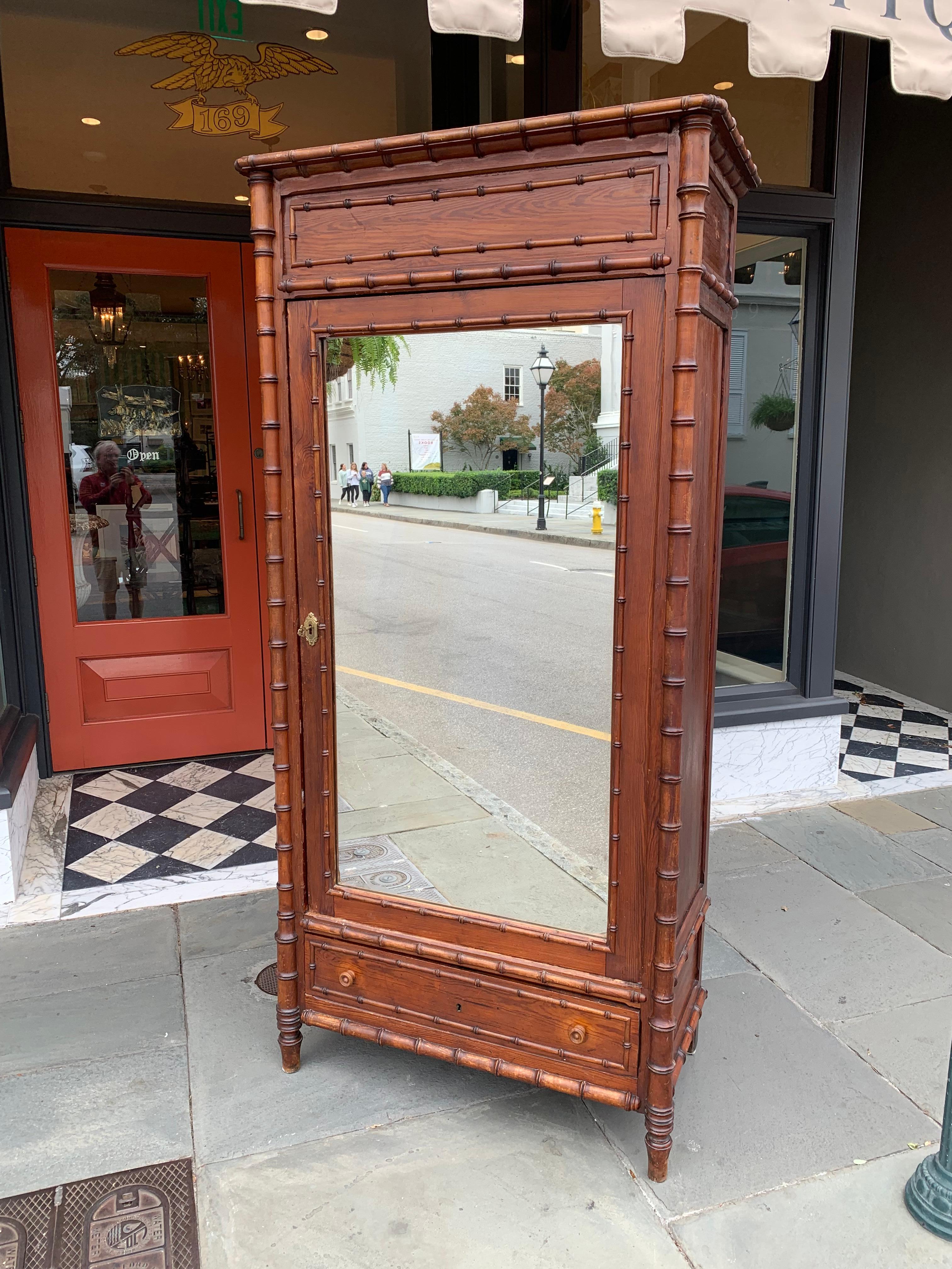 French Pine Faux Bamboo Armoire with Lovely Front Mirror 4