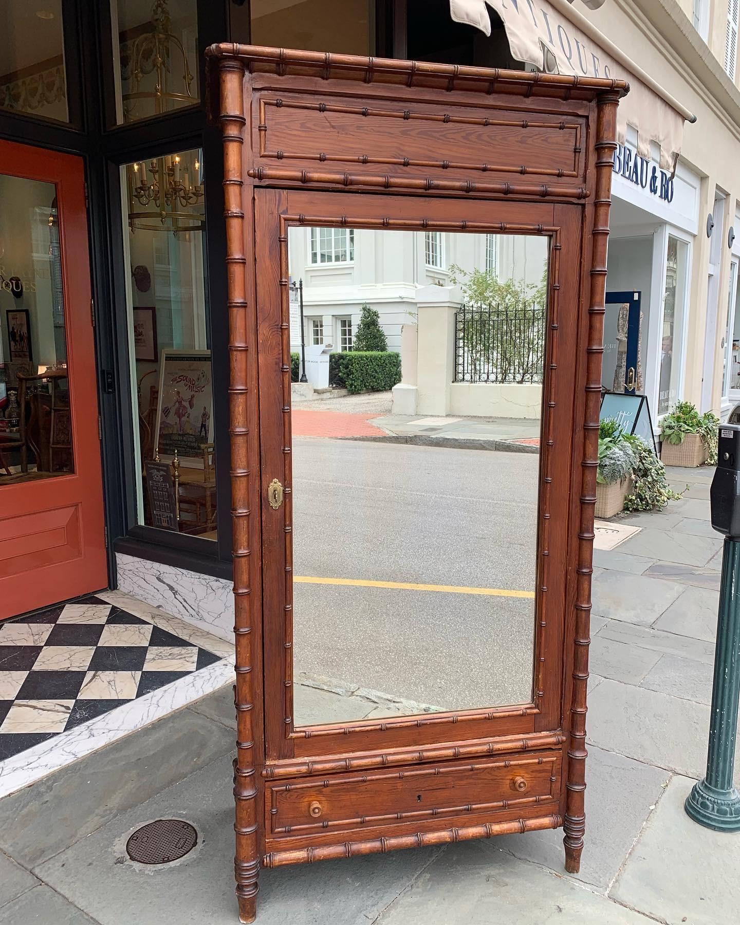 French Pine Faux Bamboo Armoire with Lovely Front Mirror 5