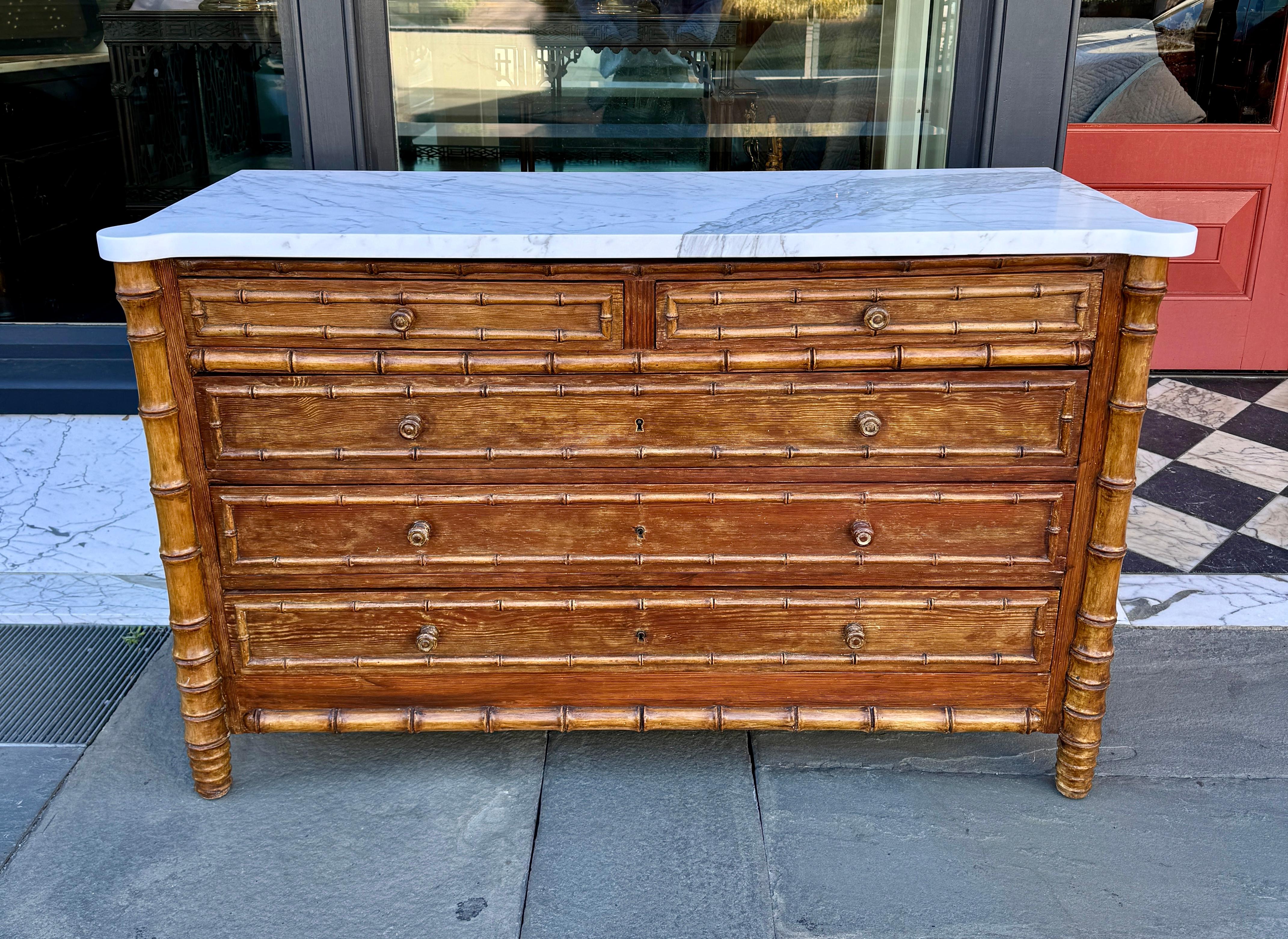 French pine faux bamboo chest with new marble top