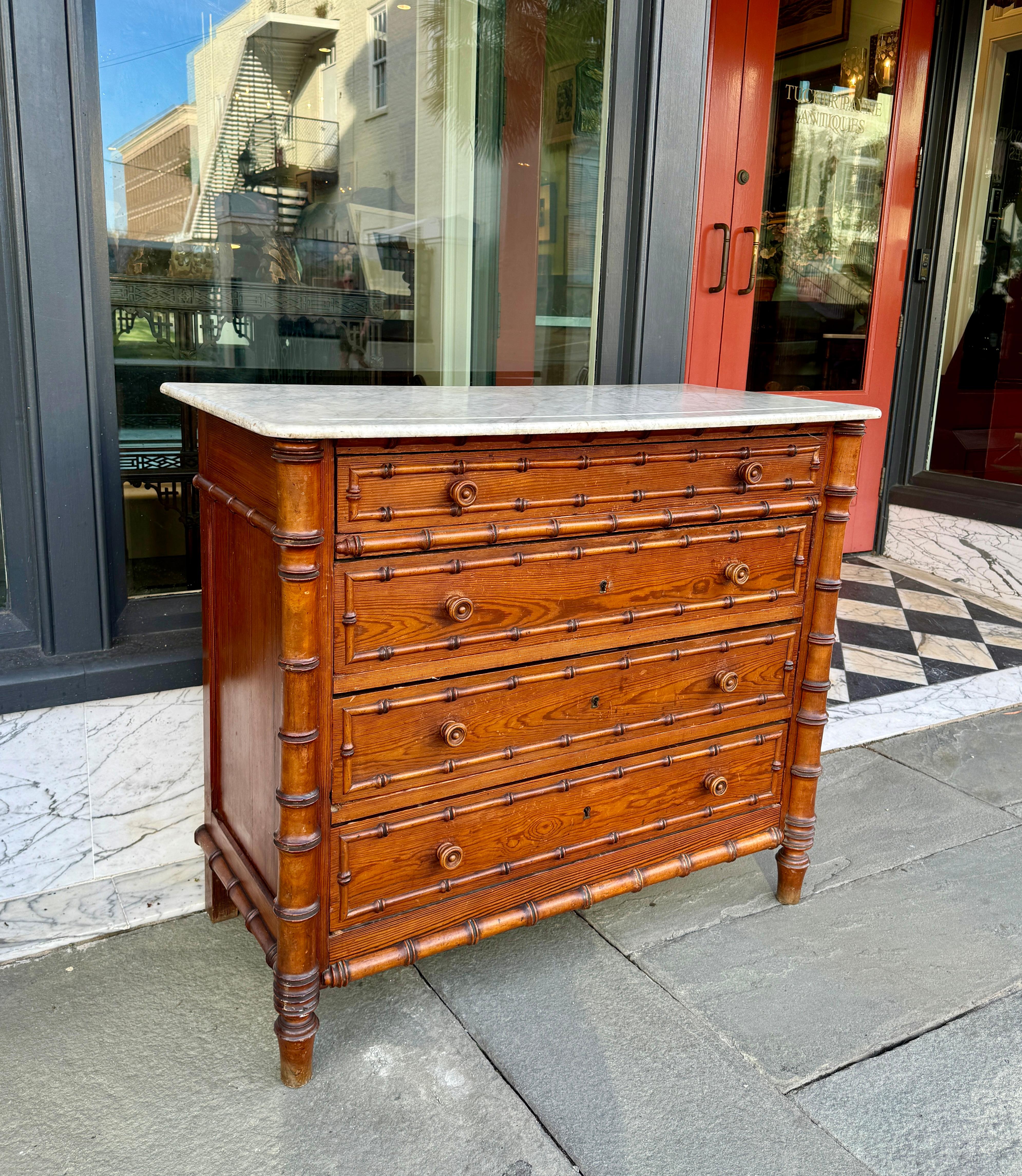 French pine faux bamboo marble top chest