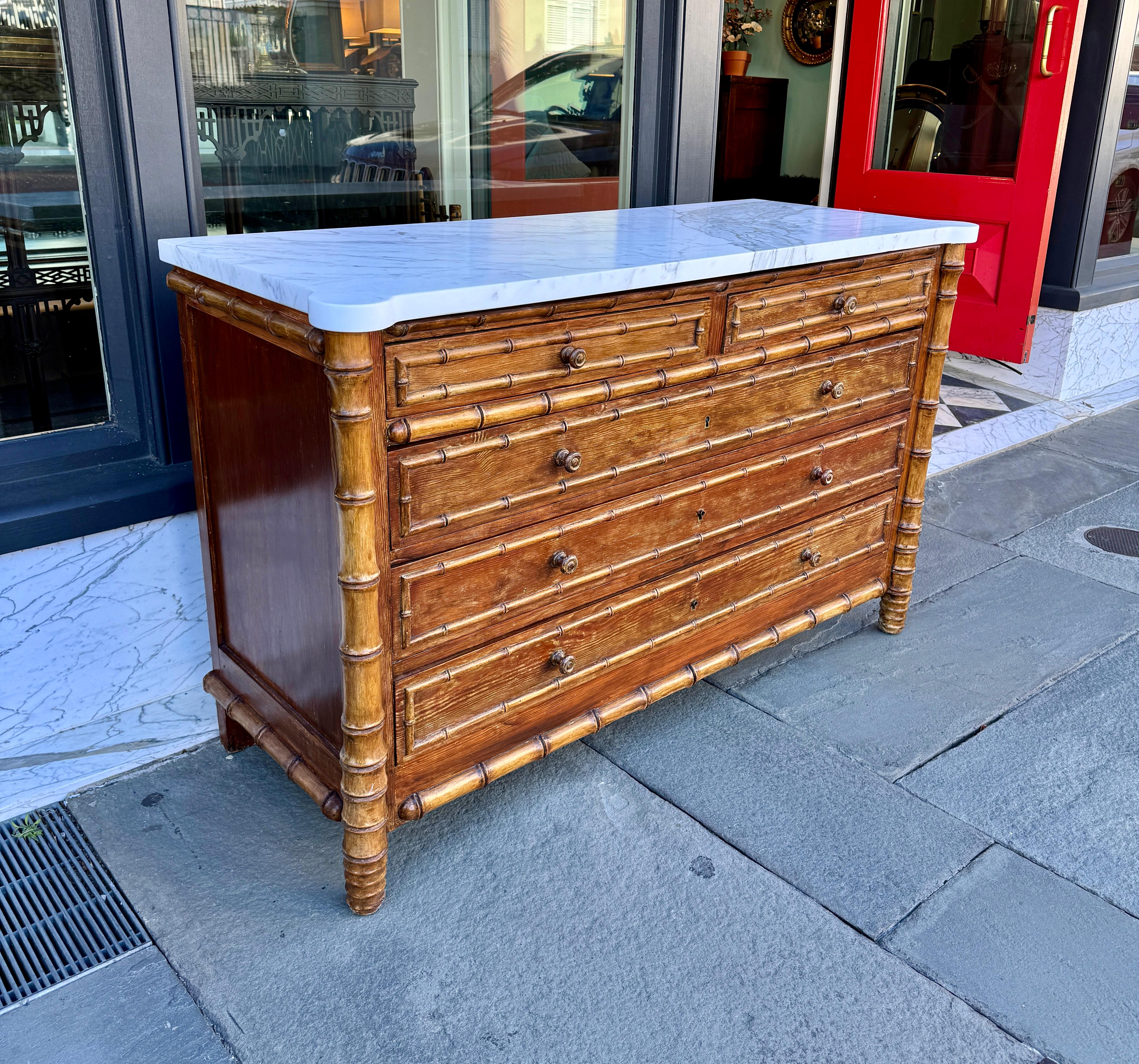 French pine faux bamboo chest with marble top In Good Condition In Charleston, SC