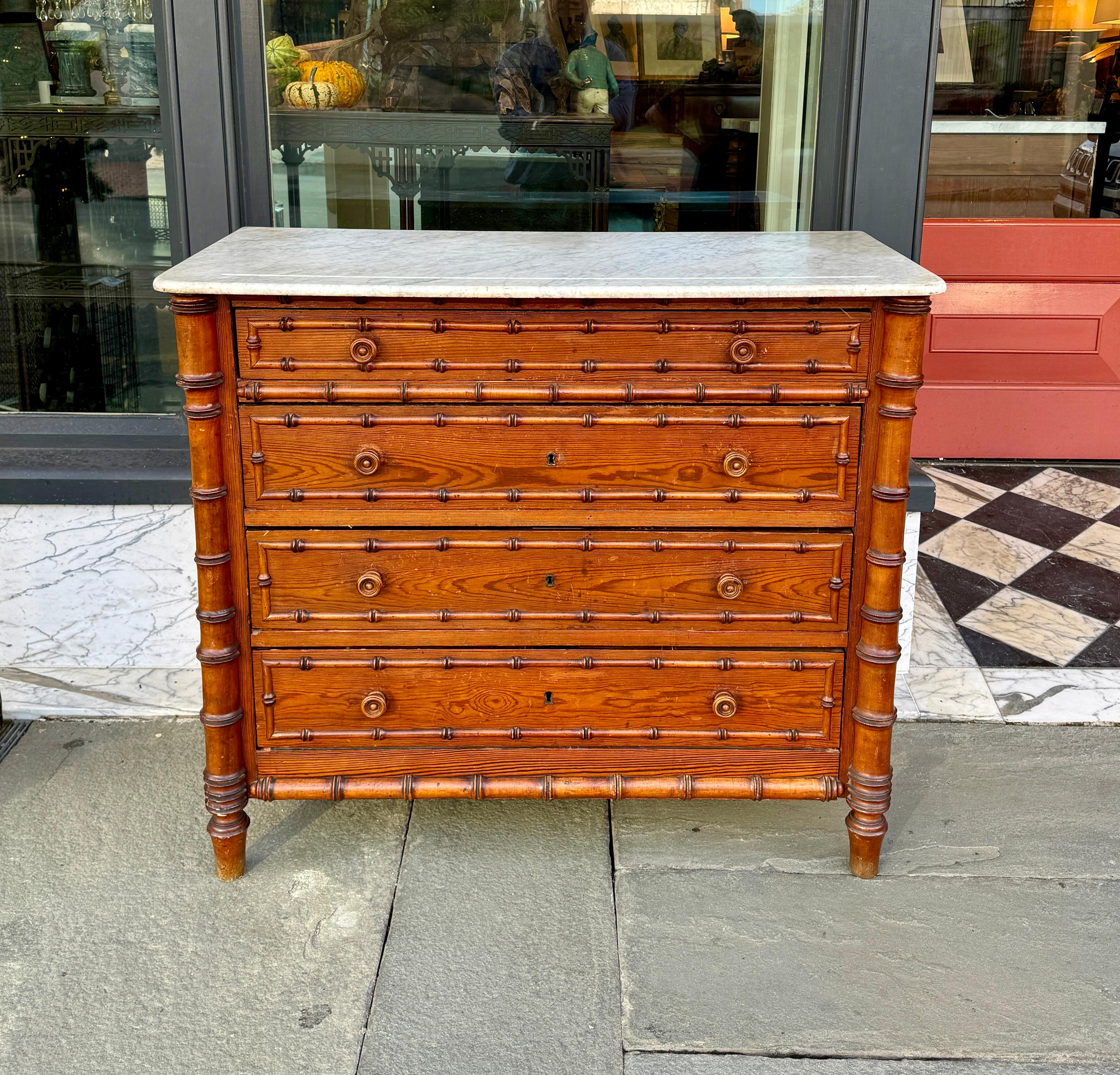 French pine faux bamboo chest with marble top In Good Condition In Charleston, SC