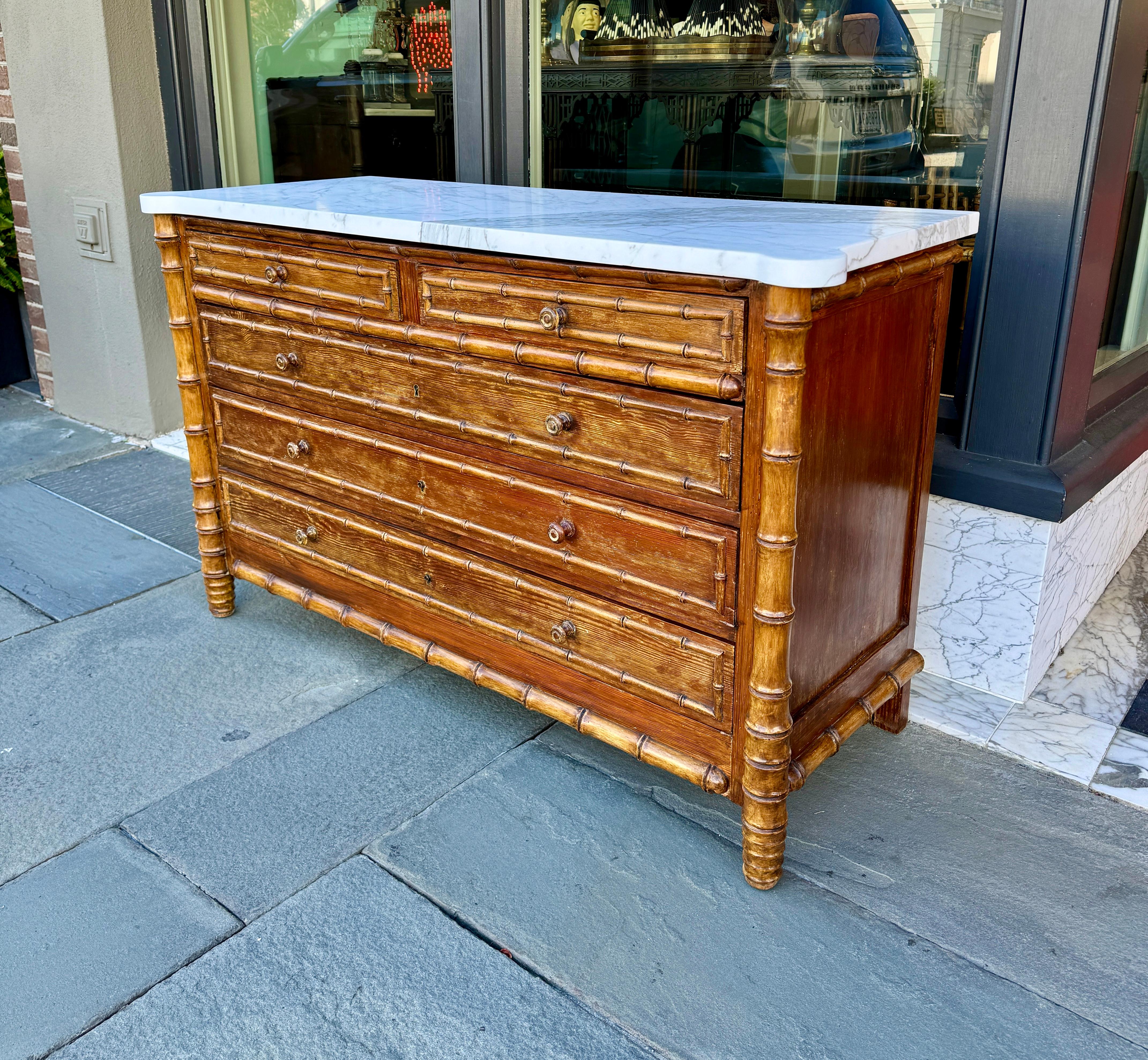 20th Century French pine faux bamboo chest with marble top