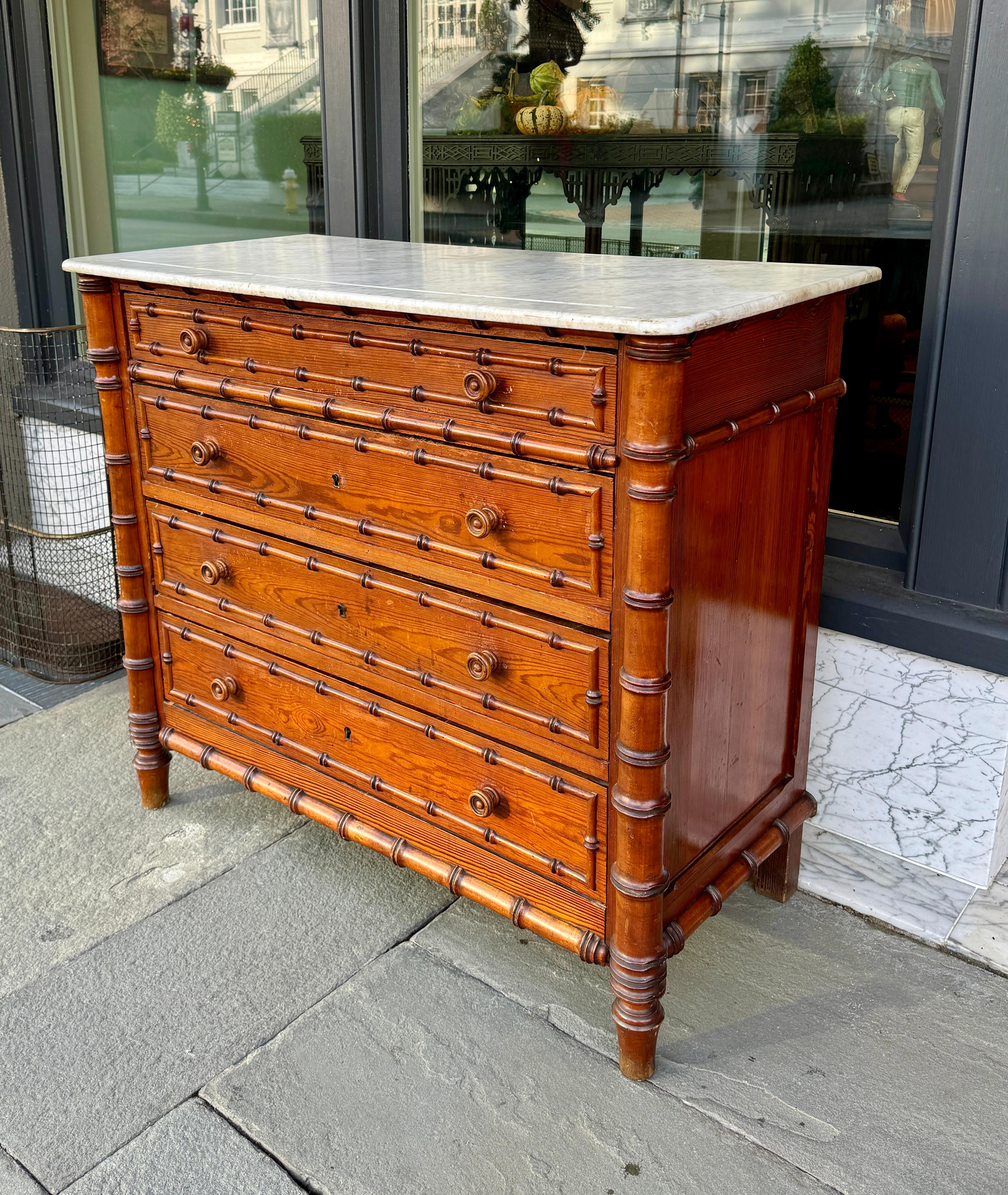 20th Century French pine faux bamboo chest with marble top