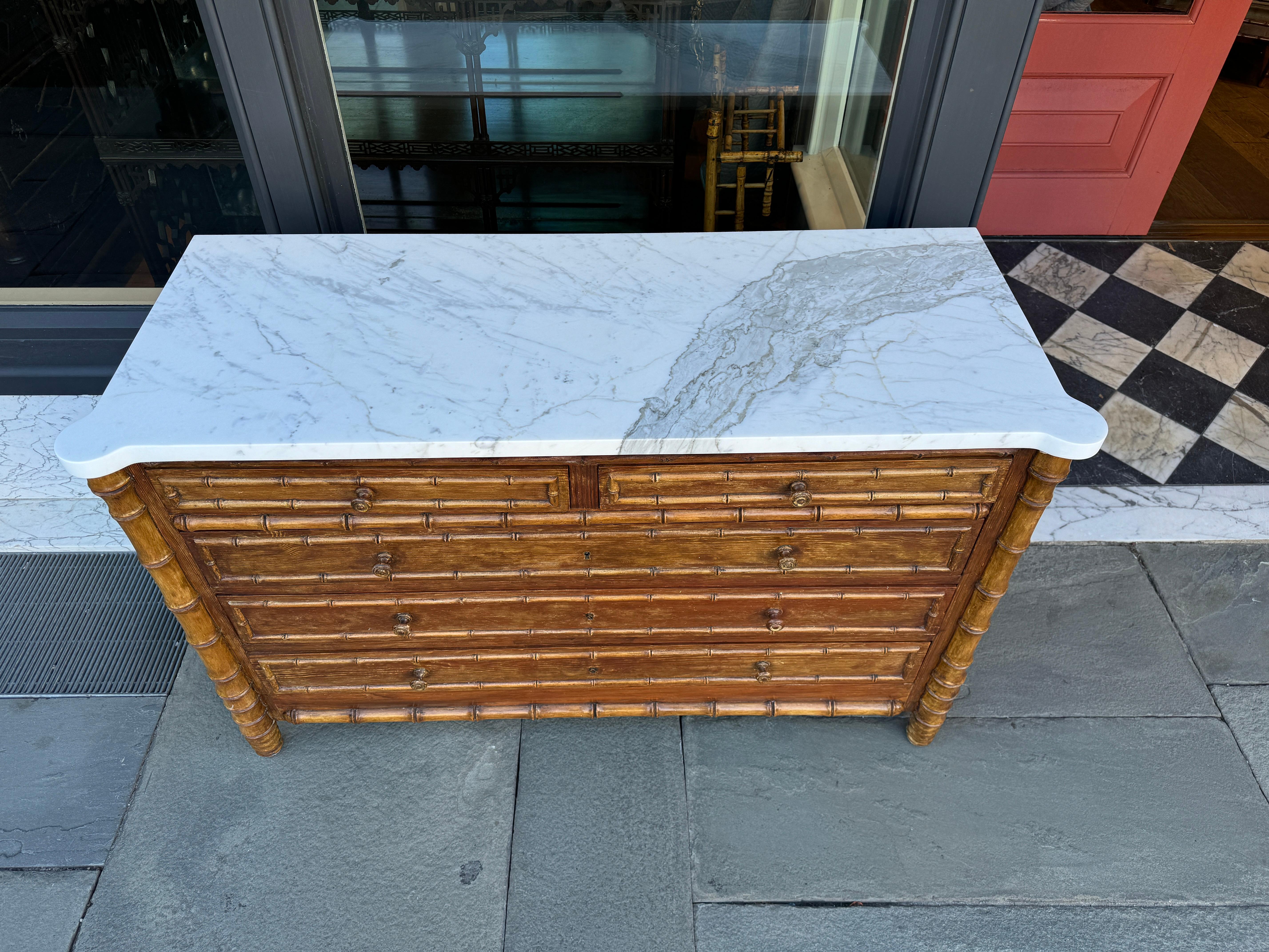 Pine French pine faux bamboo chest with marble top